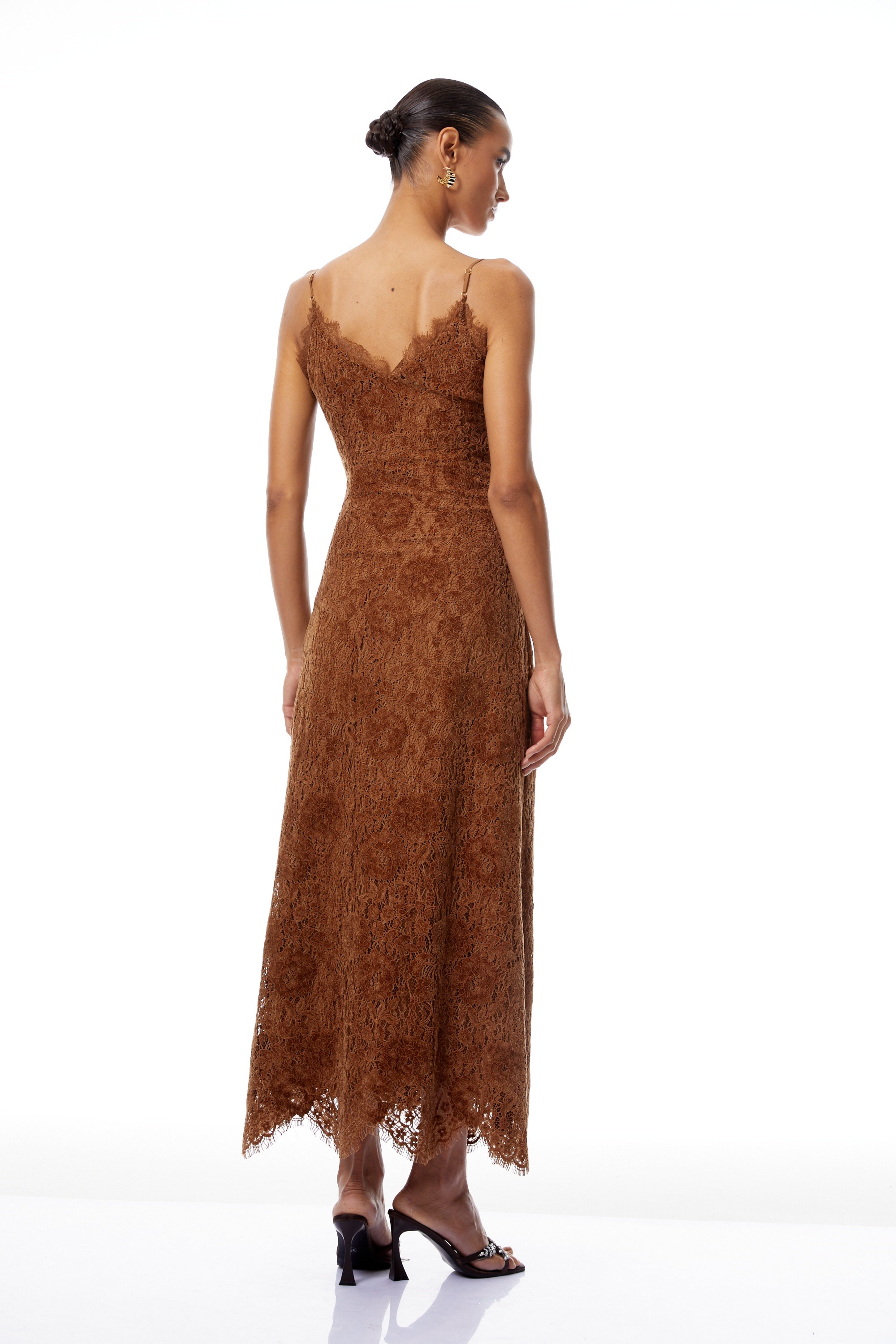 Estrid Brown Flocked Floral Lace Maxi Dress