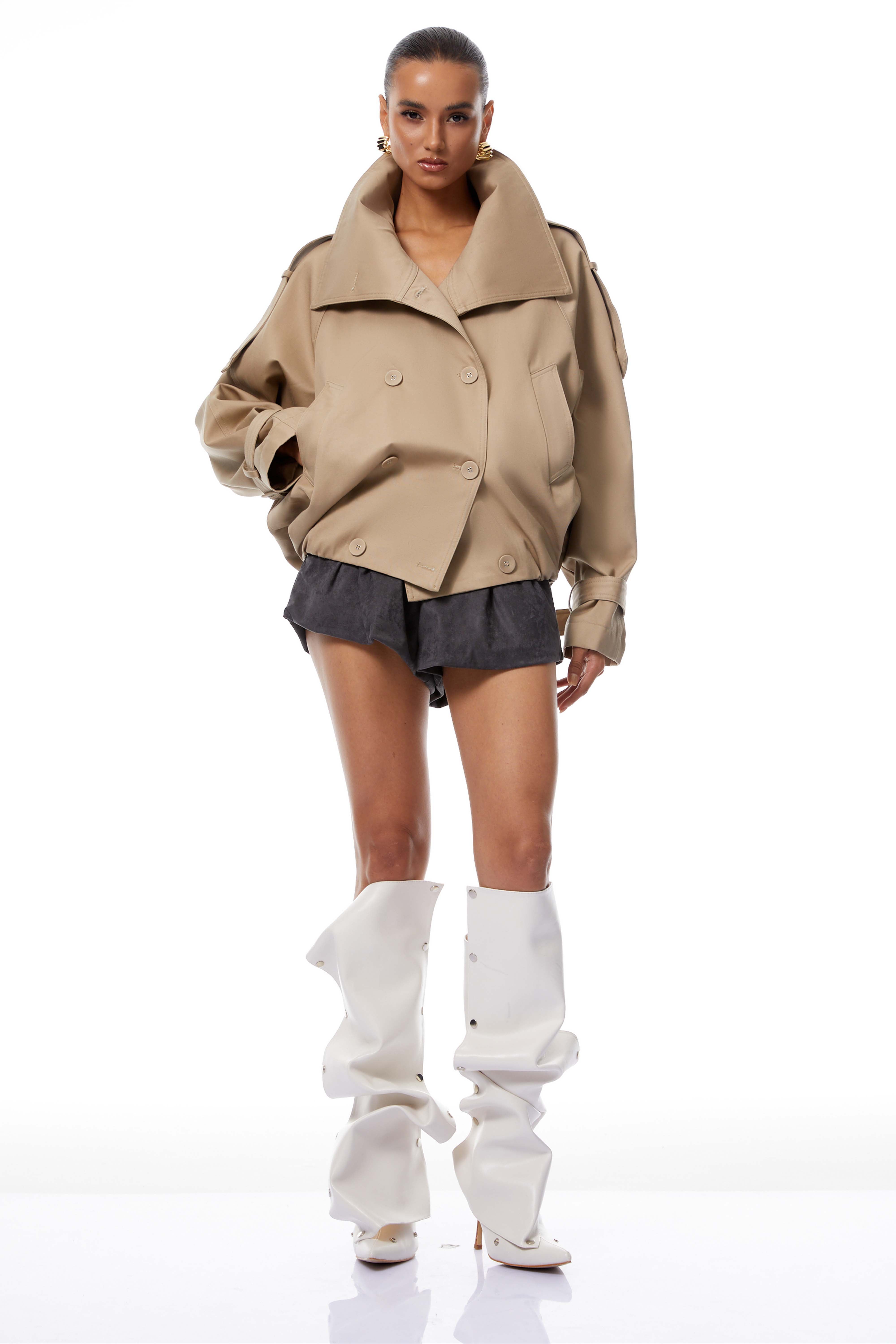 Eugenia Khaki Double-Breasted Short Trench Coat