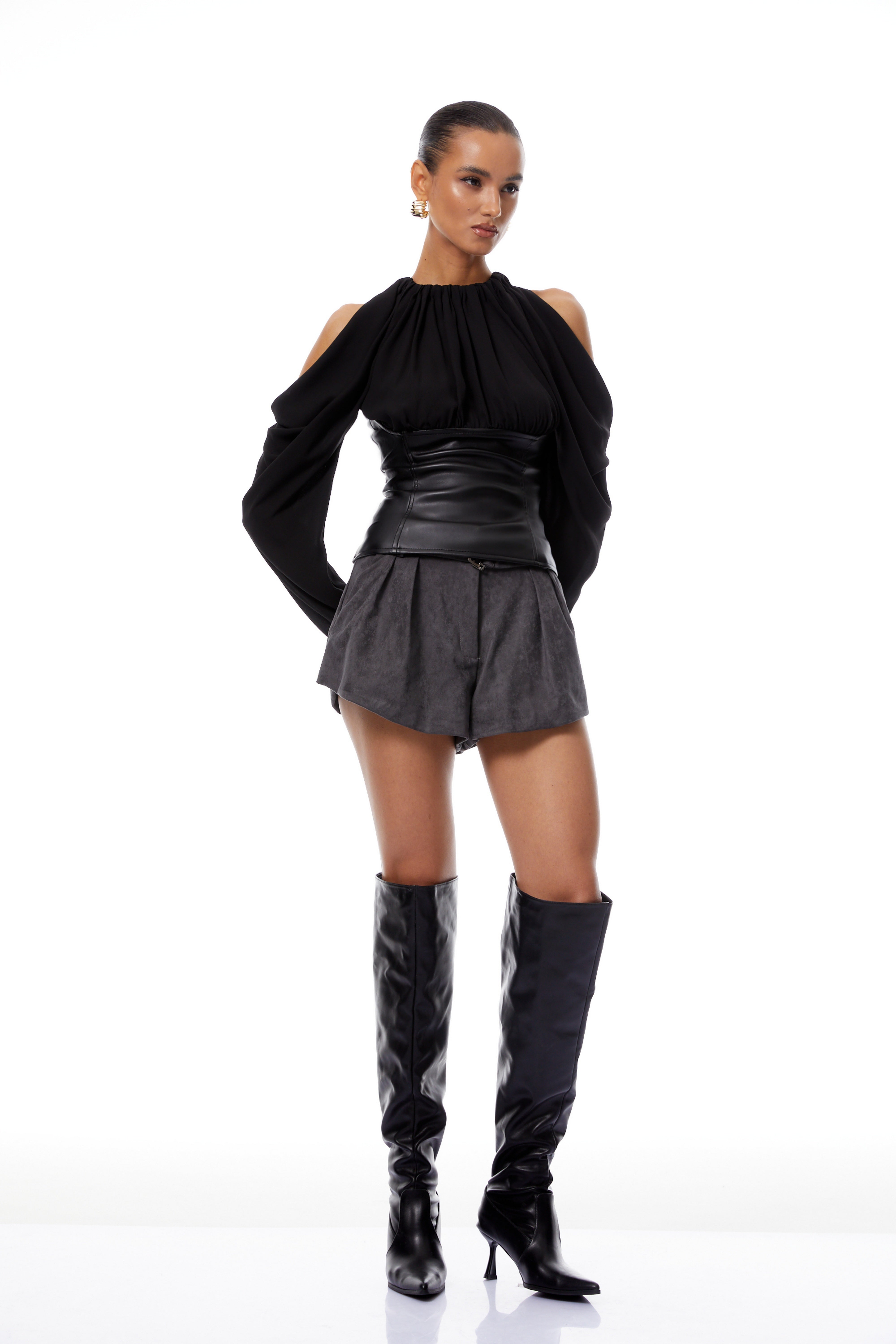 Ursa Black Cold Shoulder Leather Panel Blouse (Final Sale-US Only)