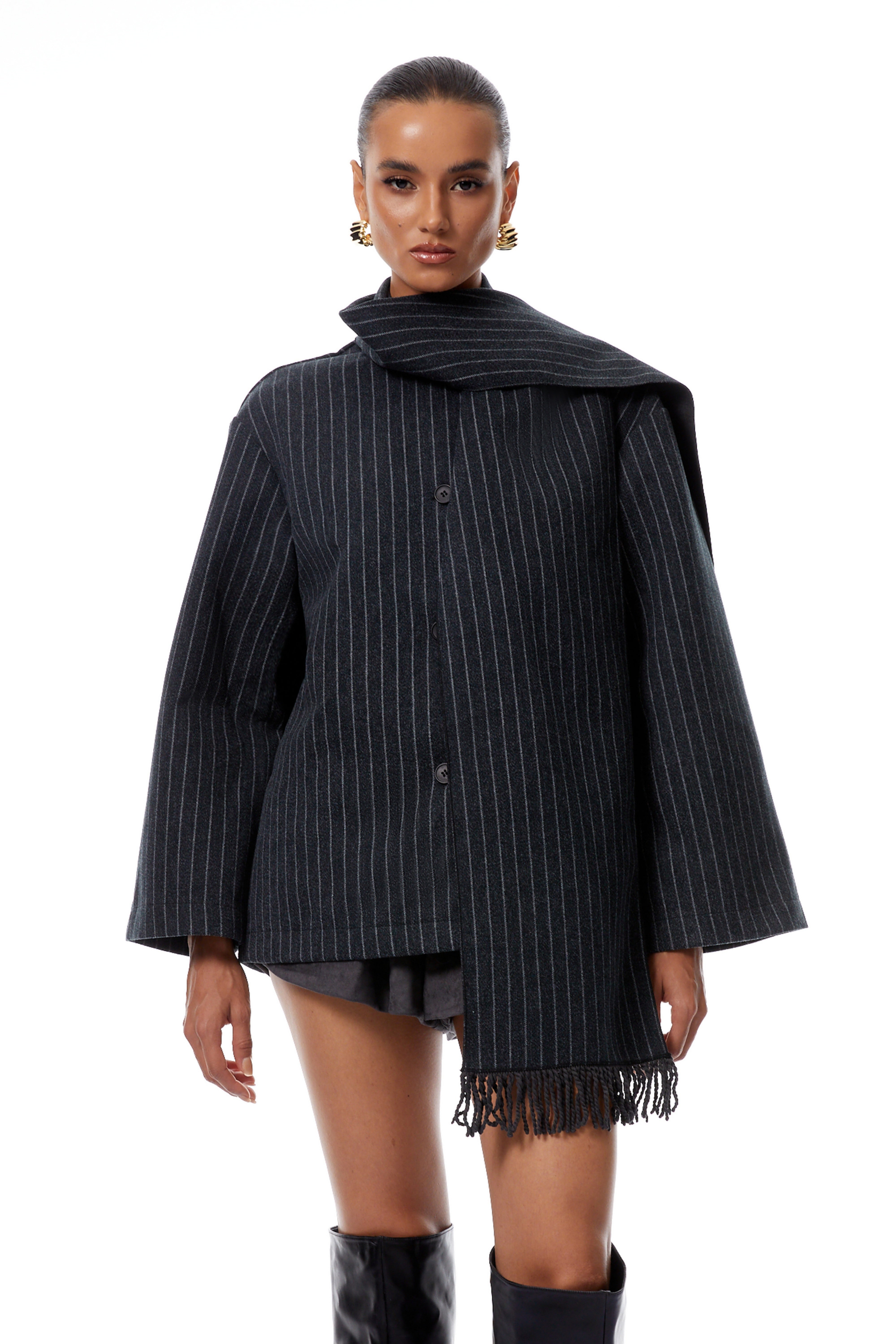 Carlotta Grey Scarf Striped Tweed Short Coat