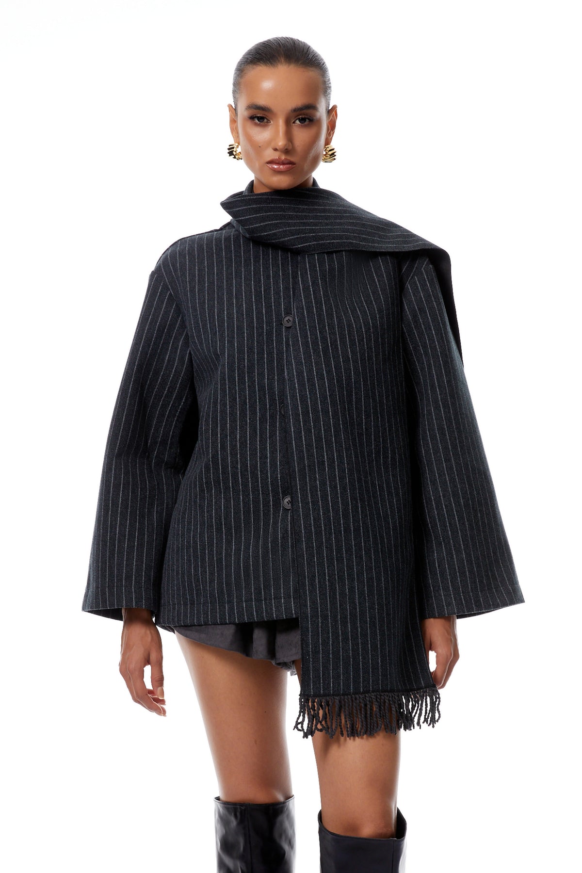Carlotta Grey Scarf Striped Tweed Short Coat