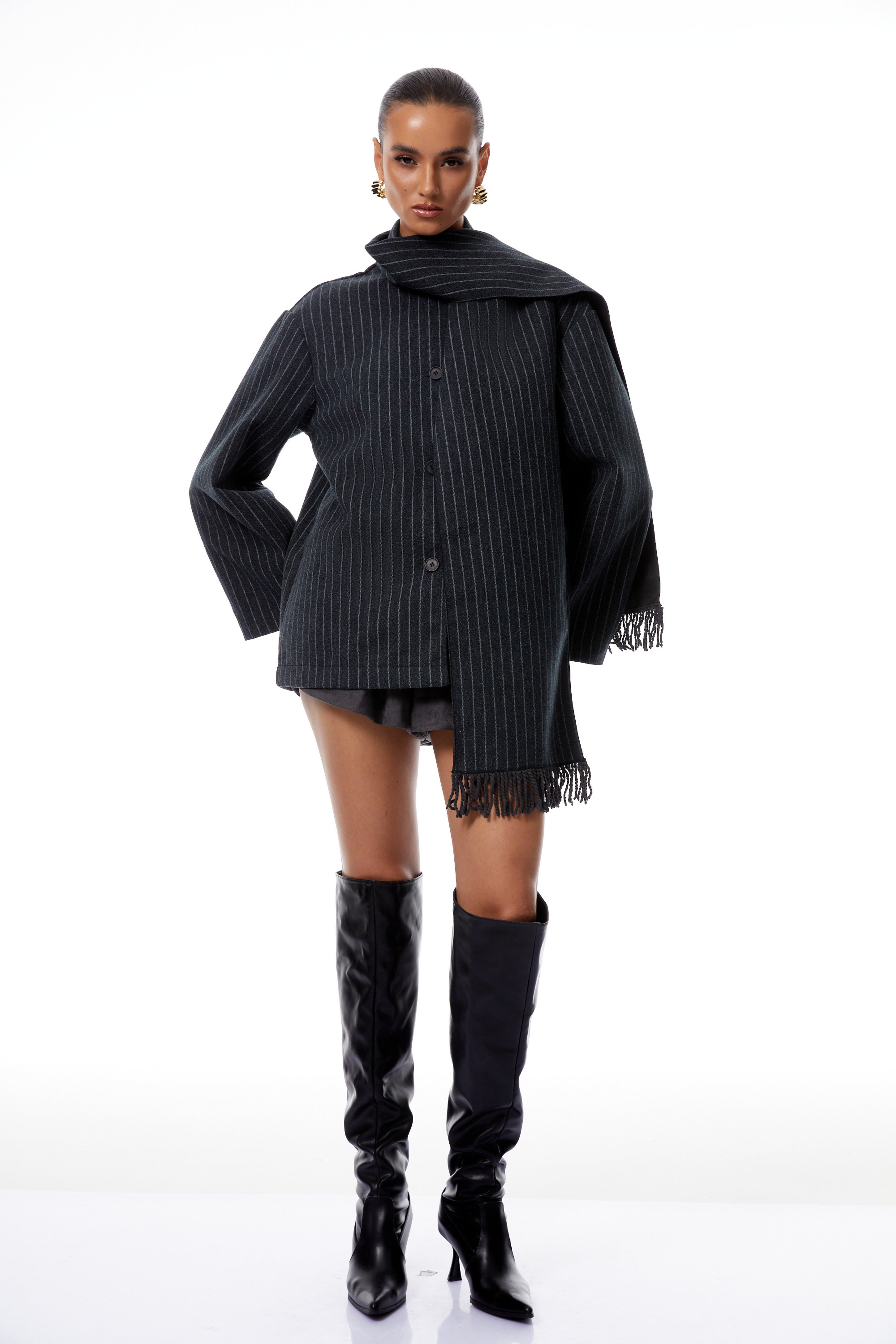 Carlotta Grey Scarf Striped Tweed Short Coat