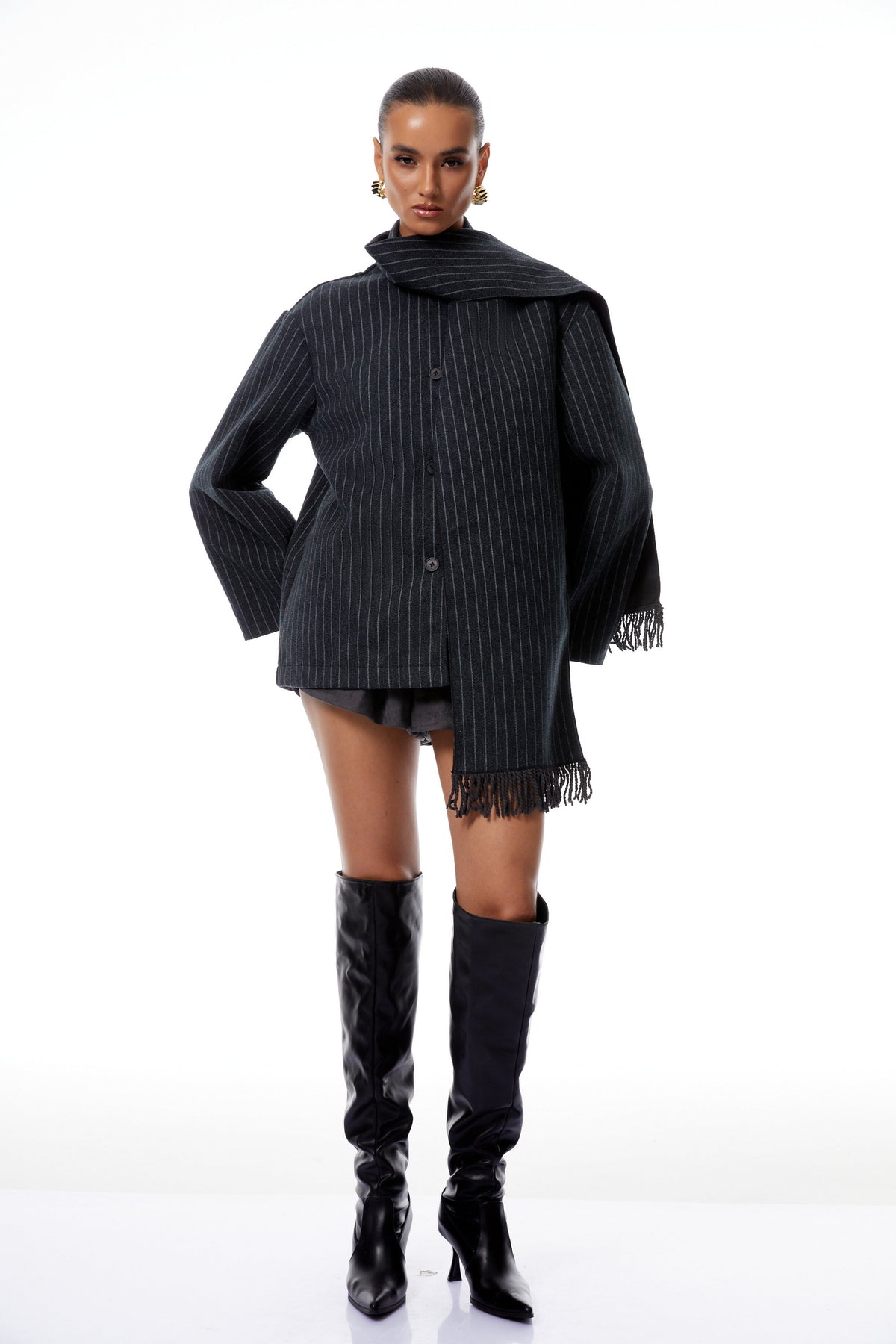 Carlotta Grey Scarf Striped Tweed Short Coat