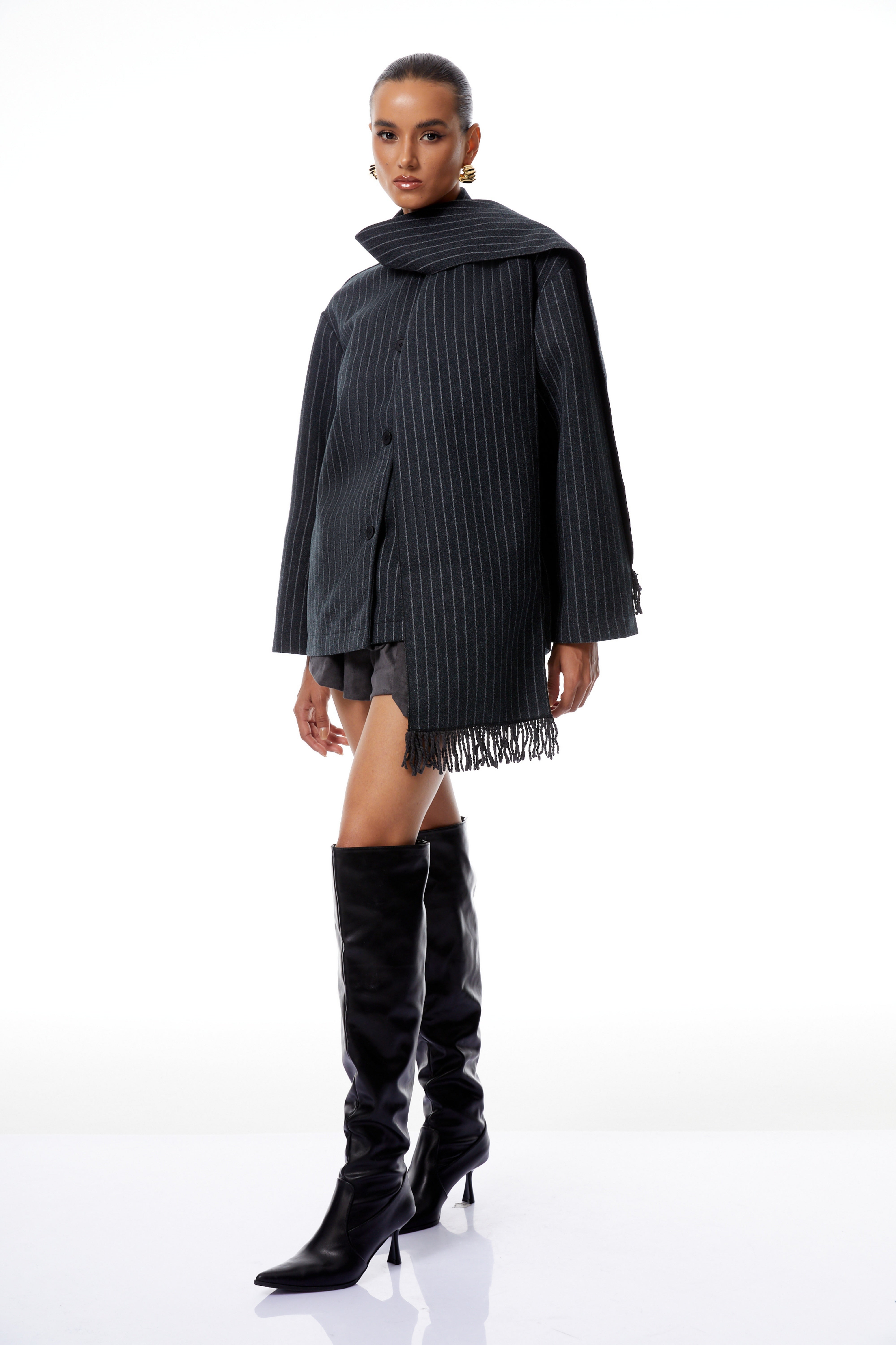 Carlotta Grey Scarf Striped Tweed Short Coat