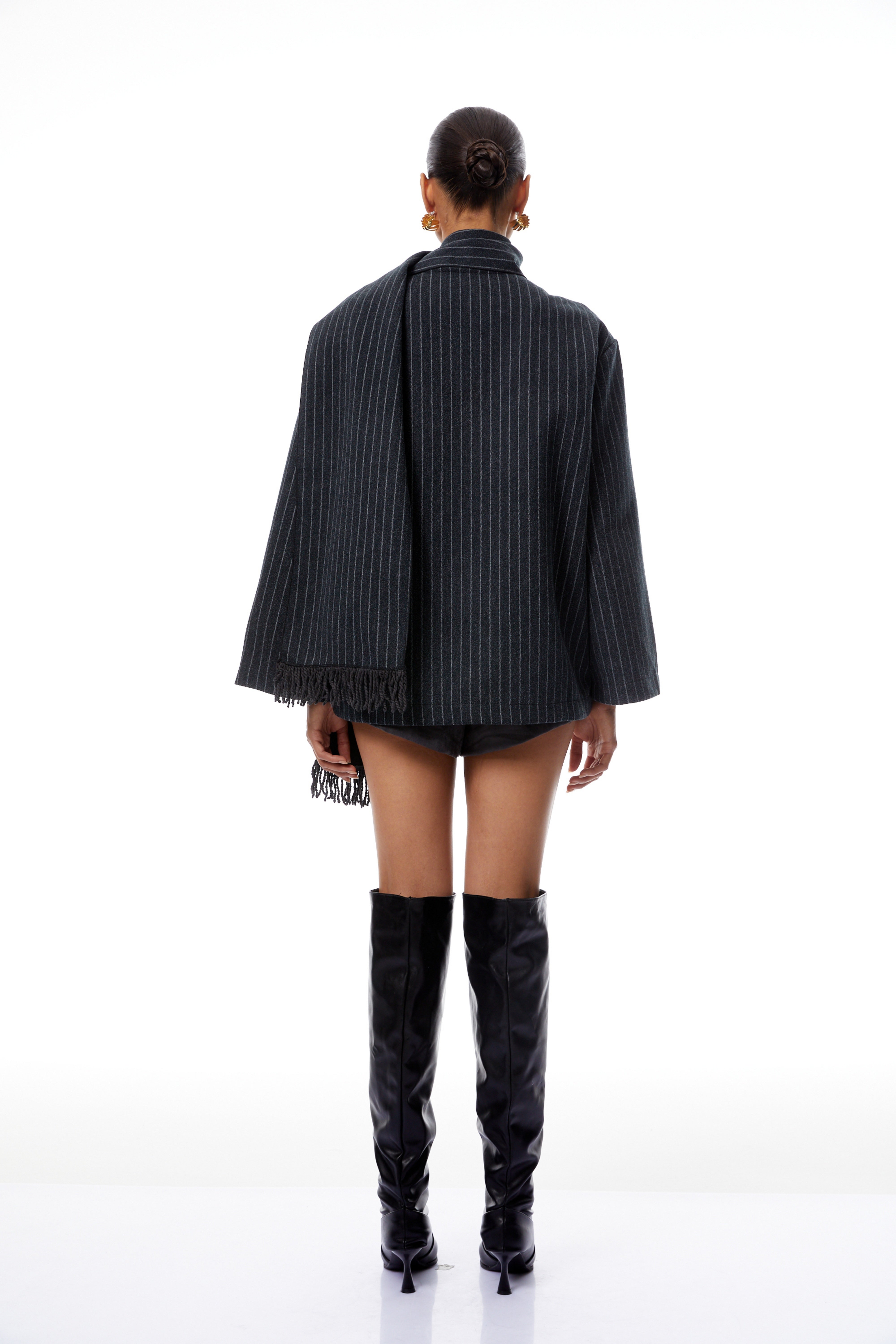 Carlotta Grey Scarf Striped Tweed Short Coat