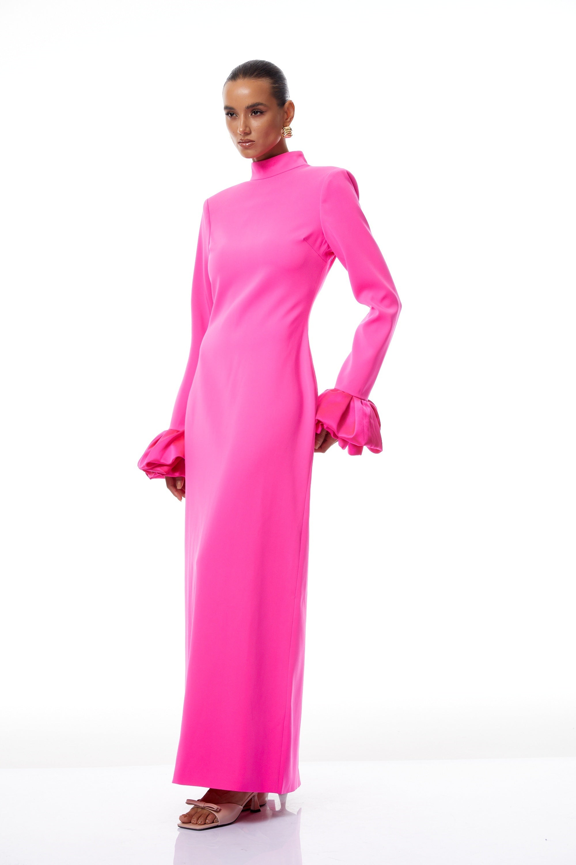 Eugenia Hot Pink Petal Cuff Maxi Dress