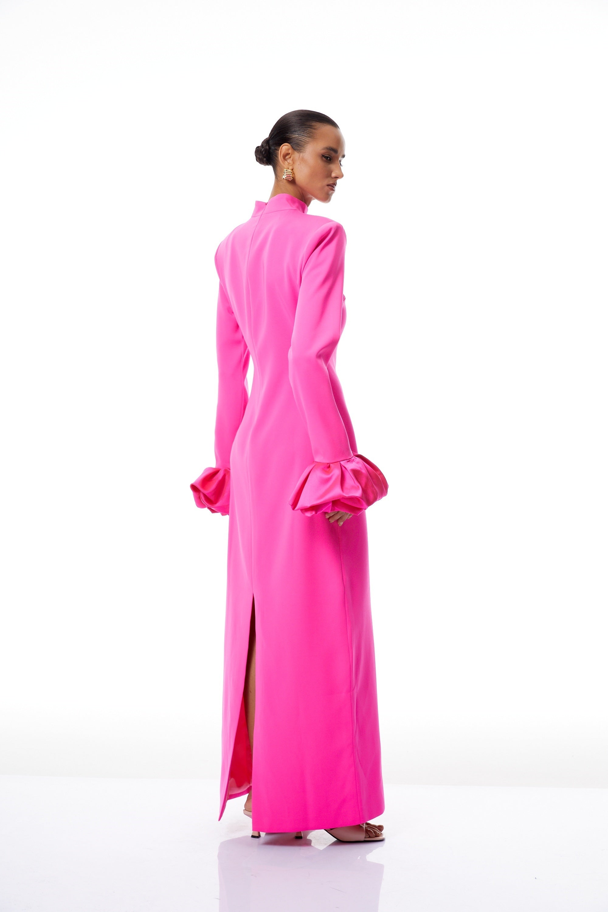 Eugenia Hot Pink Petal Cuff Maxi Dress