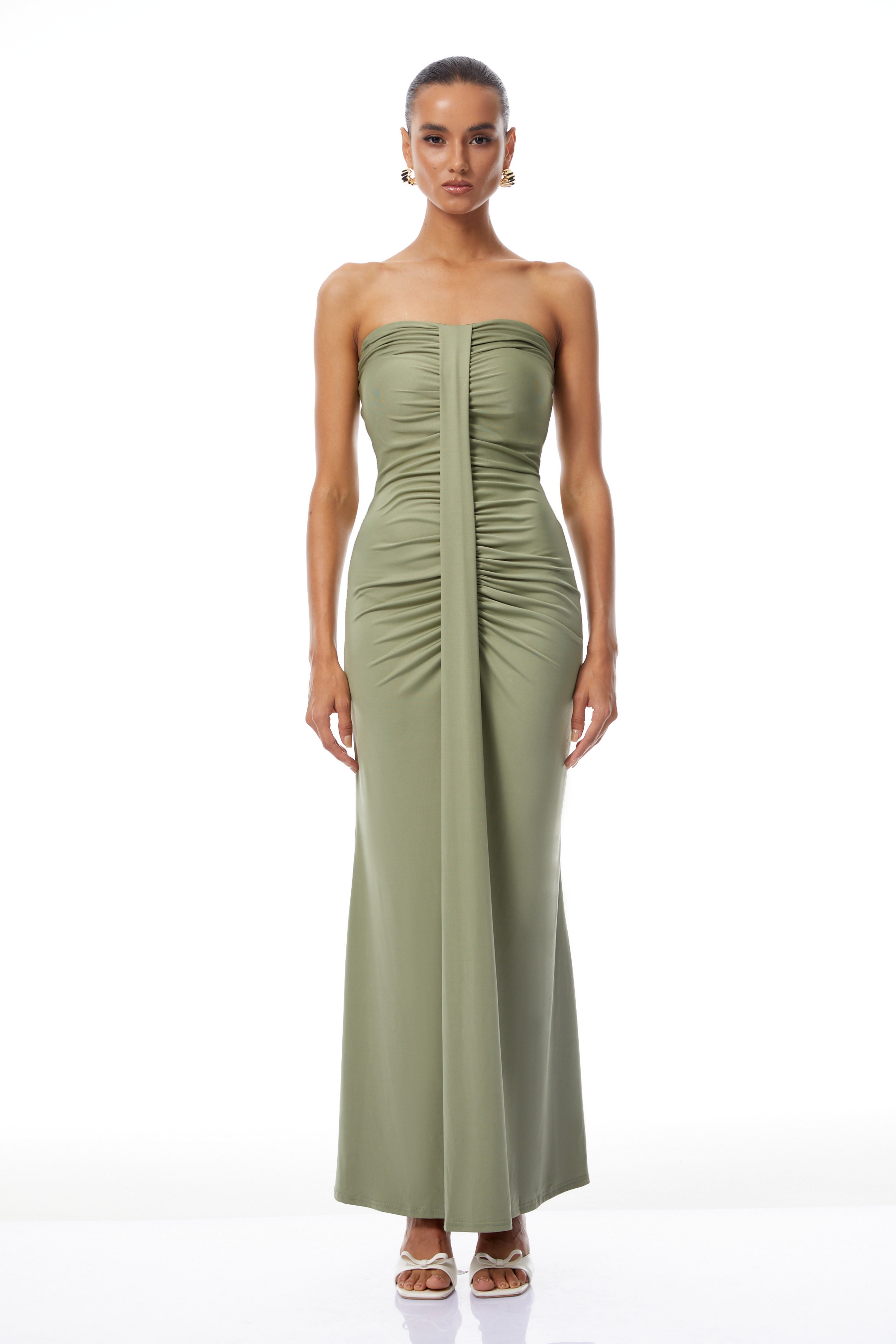 Micaela Green Off Shoulder Ruched Maxi Dress