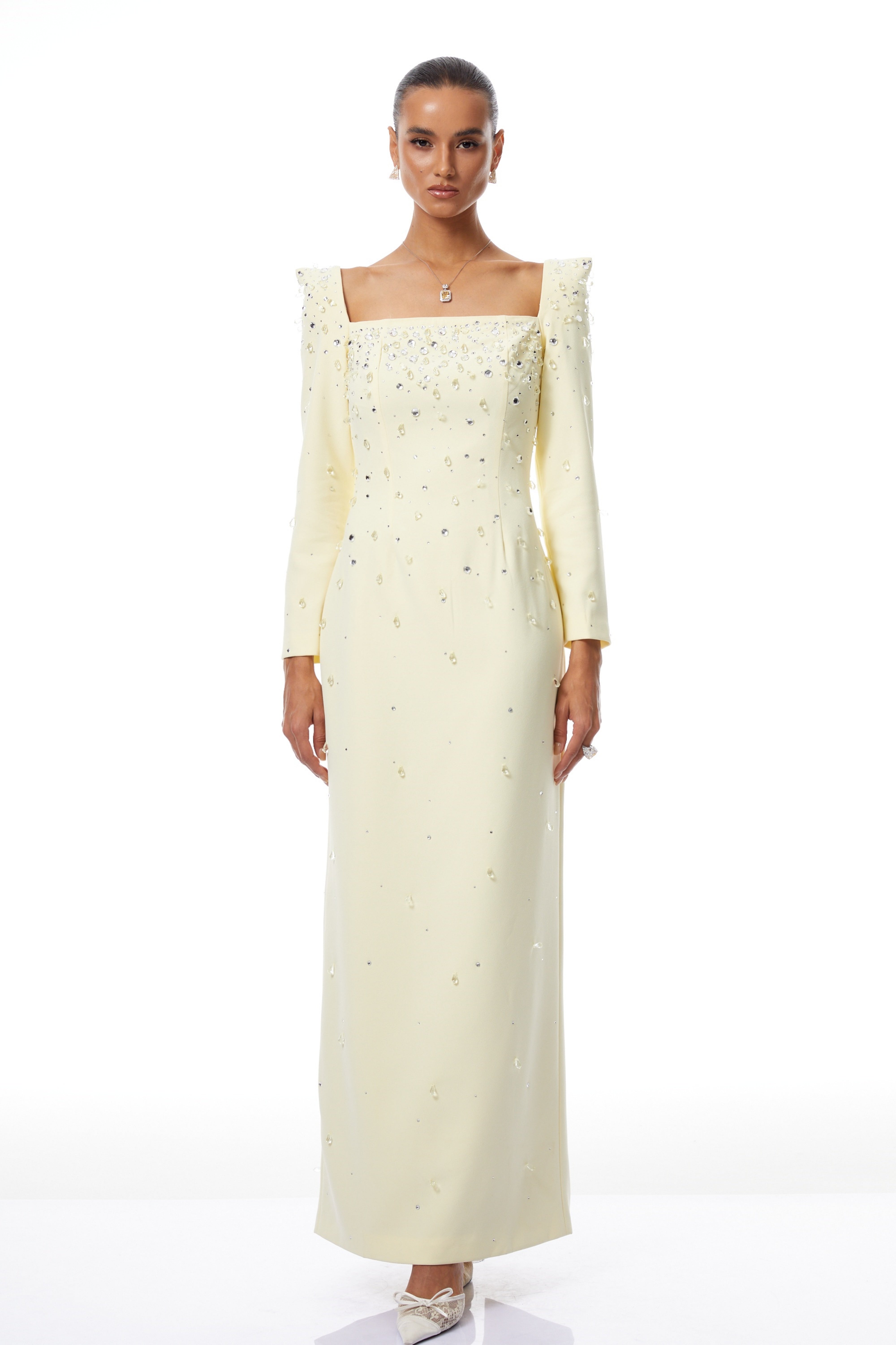 Carmela Yellow Square Neck Embellished Maxi Dress