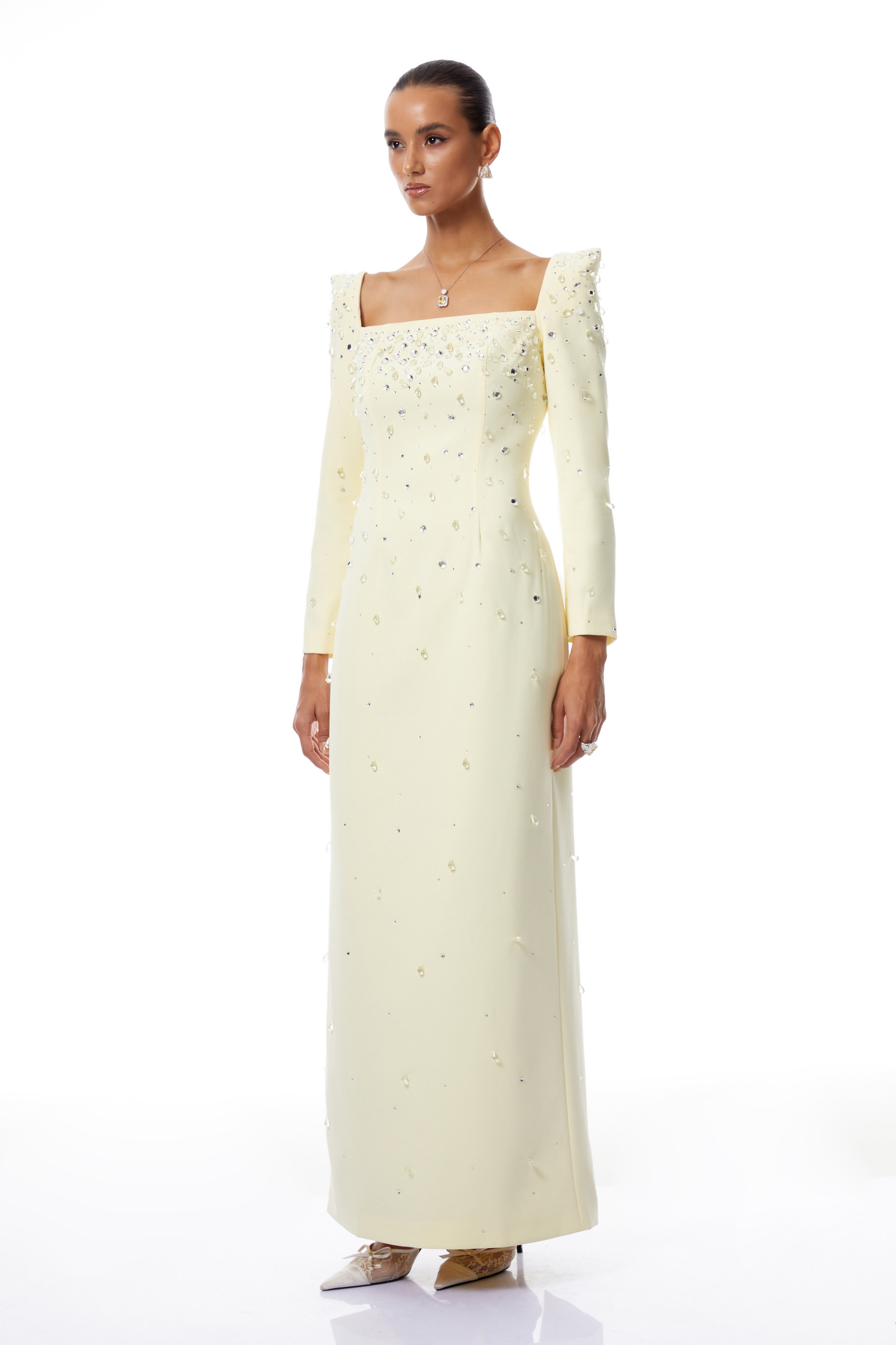 Carmela Yellow Square Neck Embellished Maxi Dress