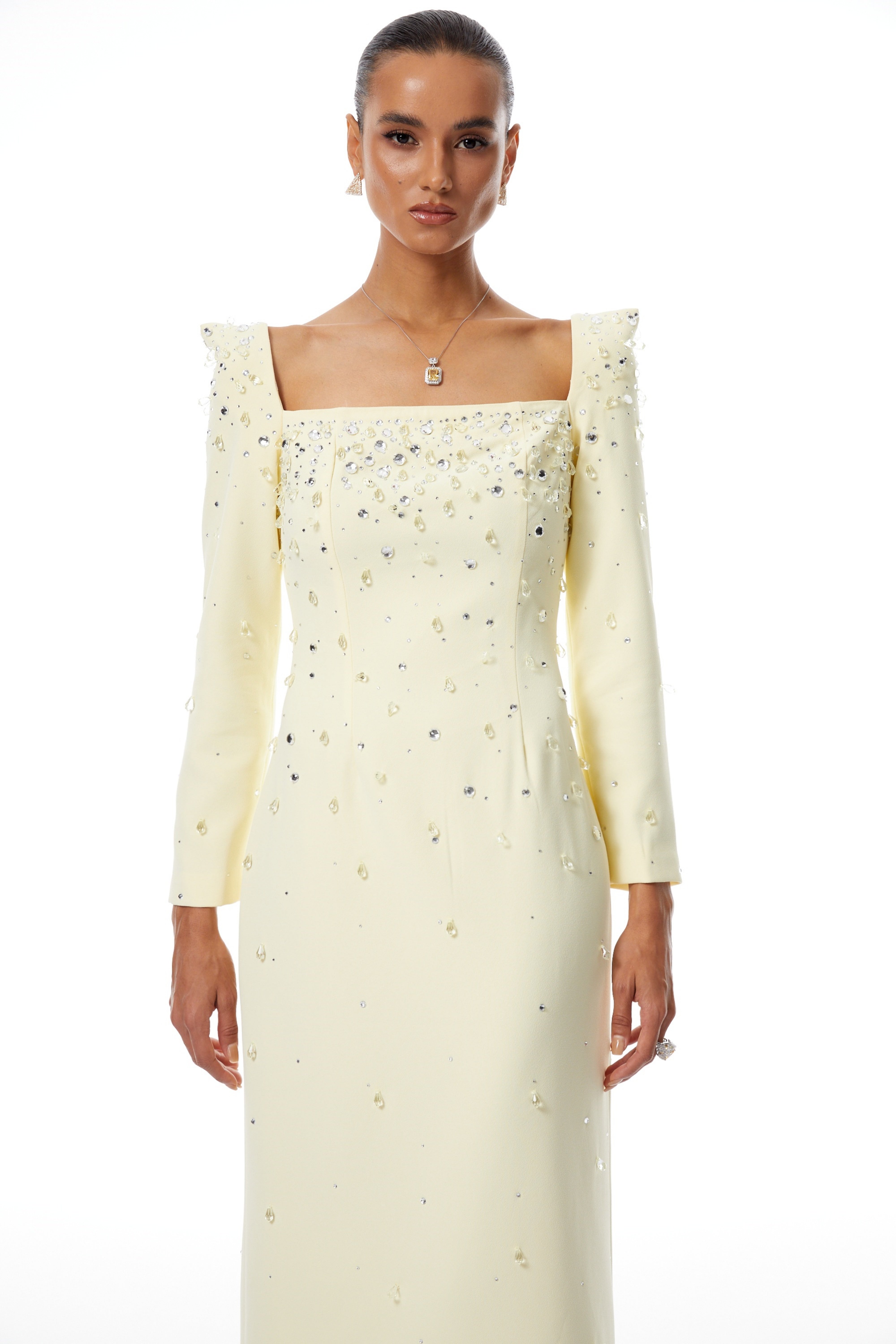 Carmela Yellow Square Neck Embellished Maxi Dress