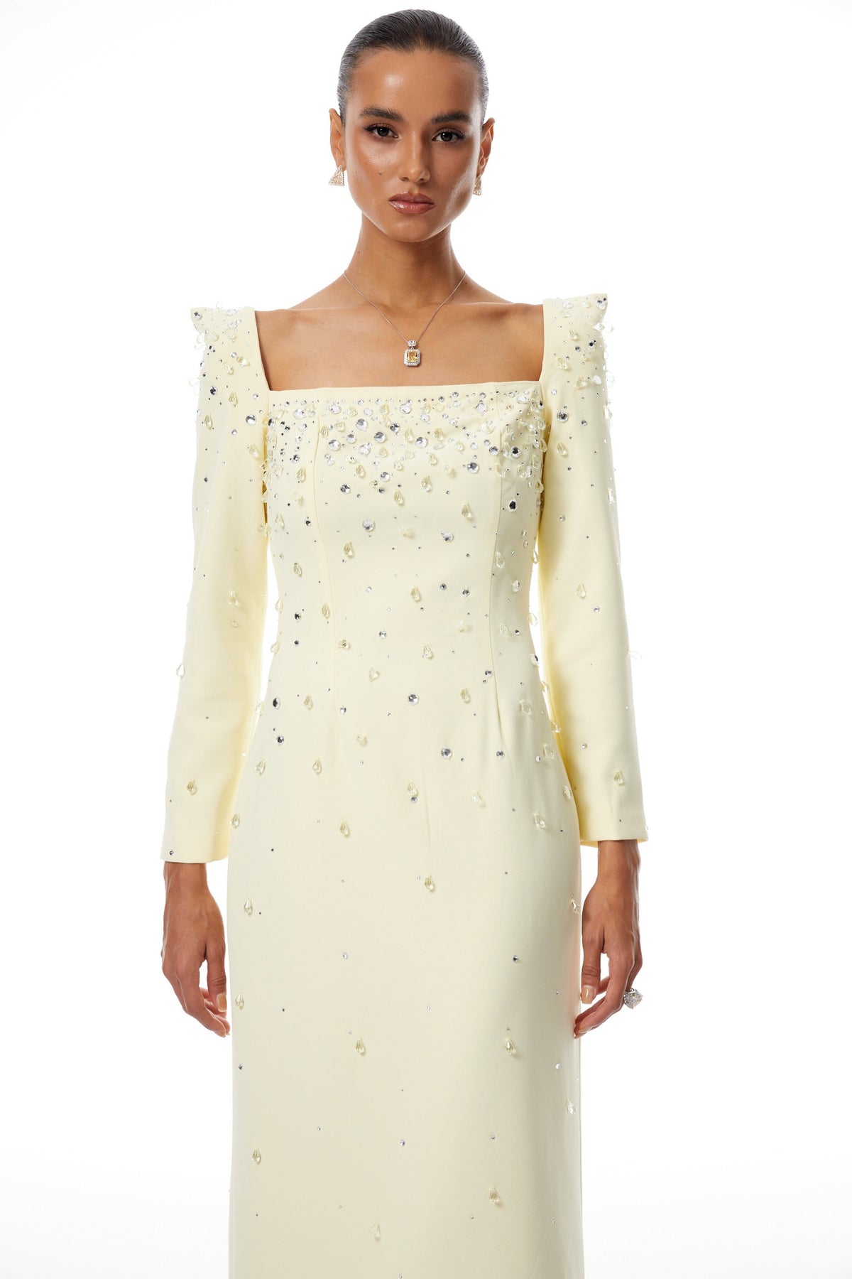Carmela Yellow Square Neck Embellished Maxi Dress