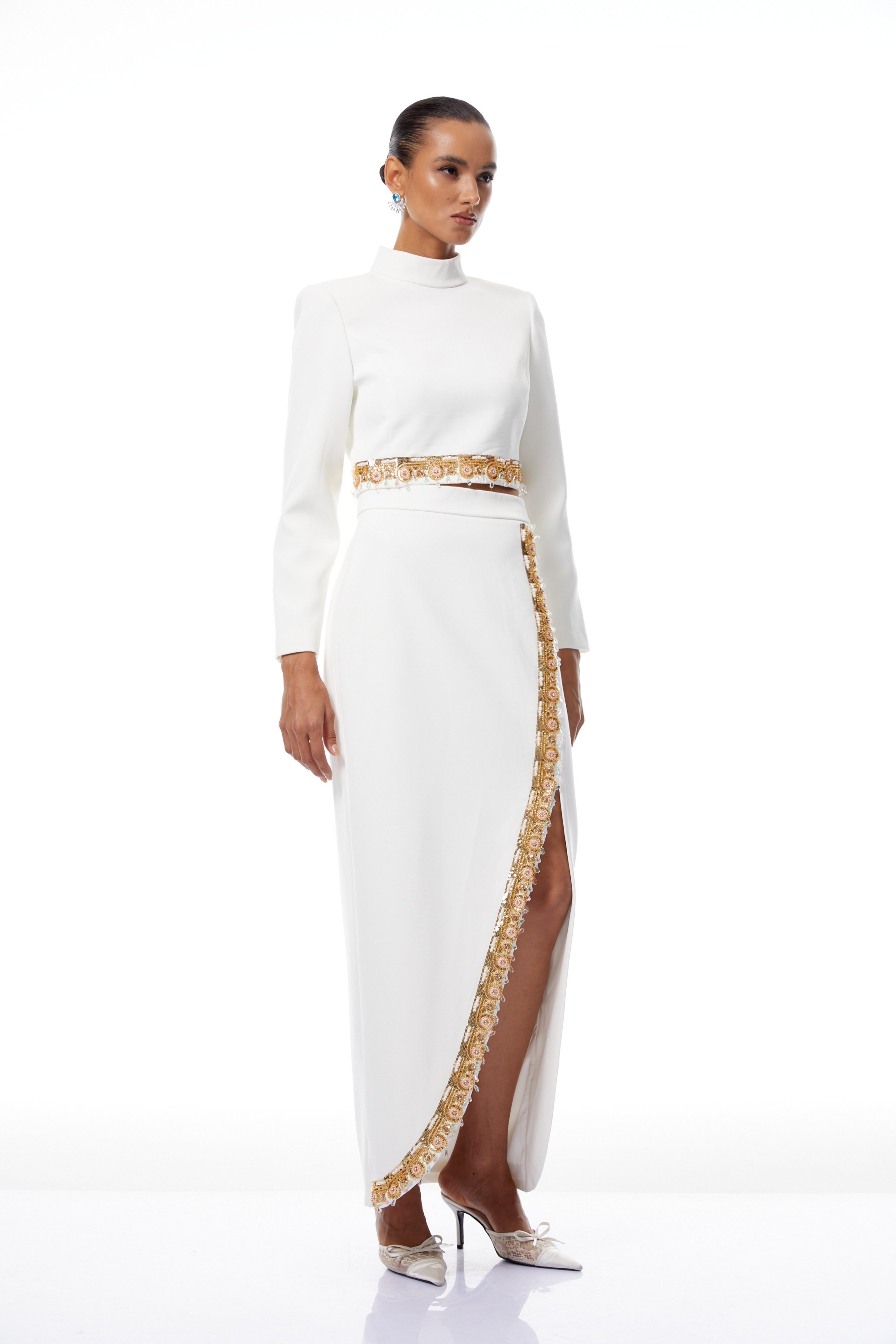 Blossom White Embellished Top & Skirt Set