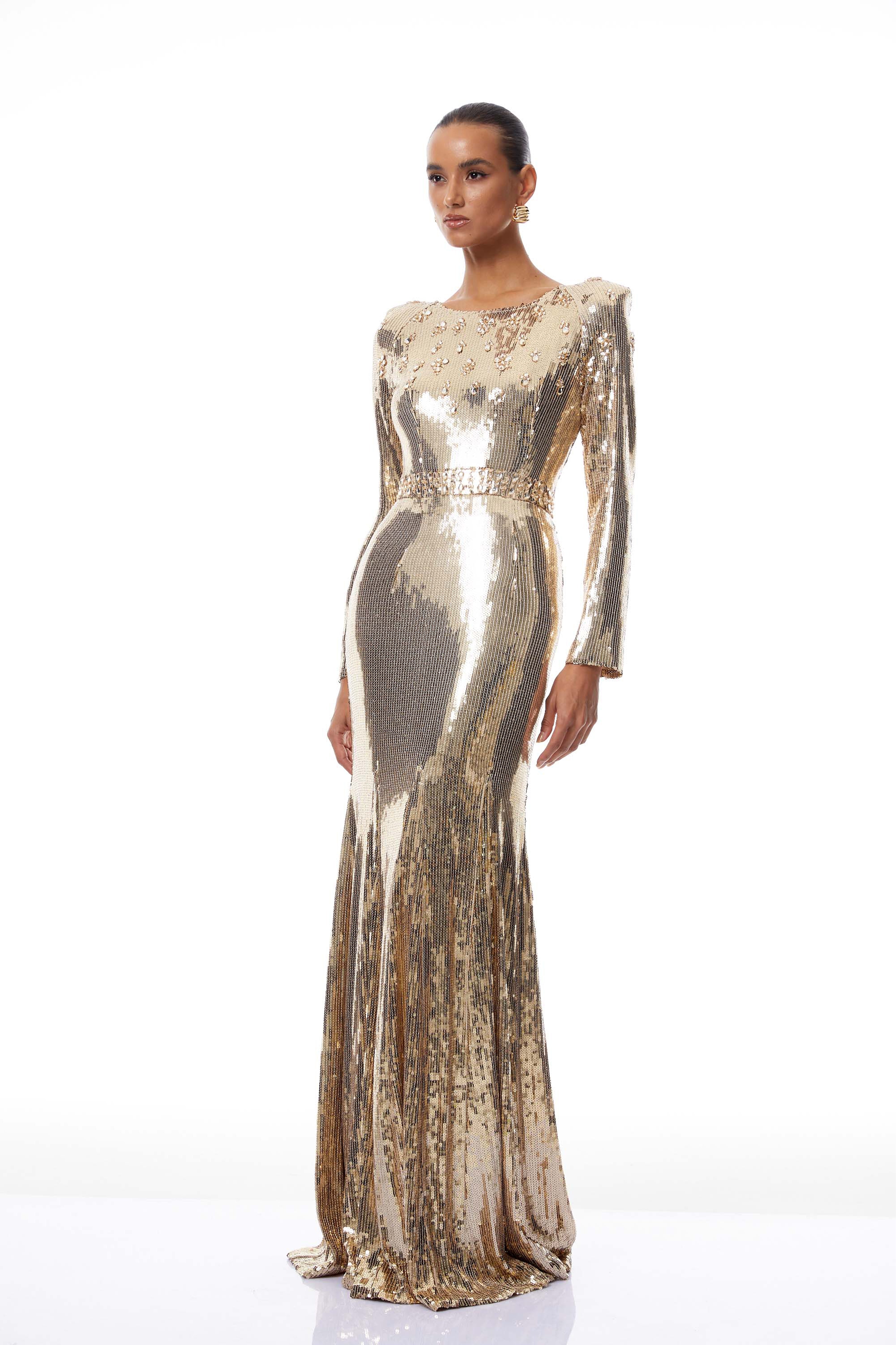 Federica Gold Train Sequined Maxi Dress