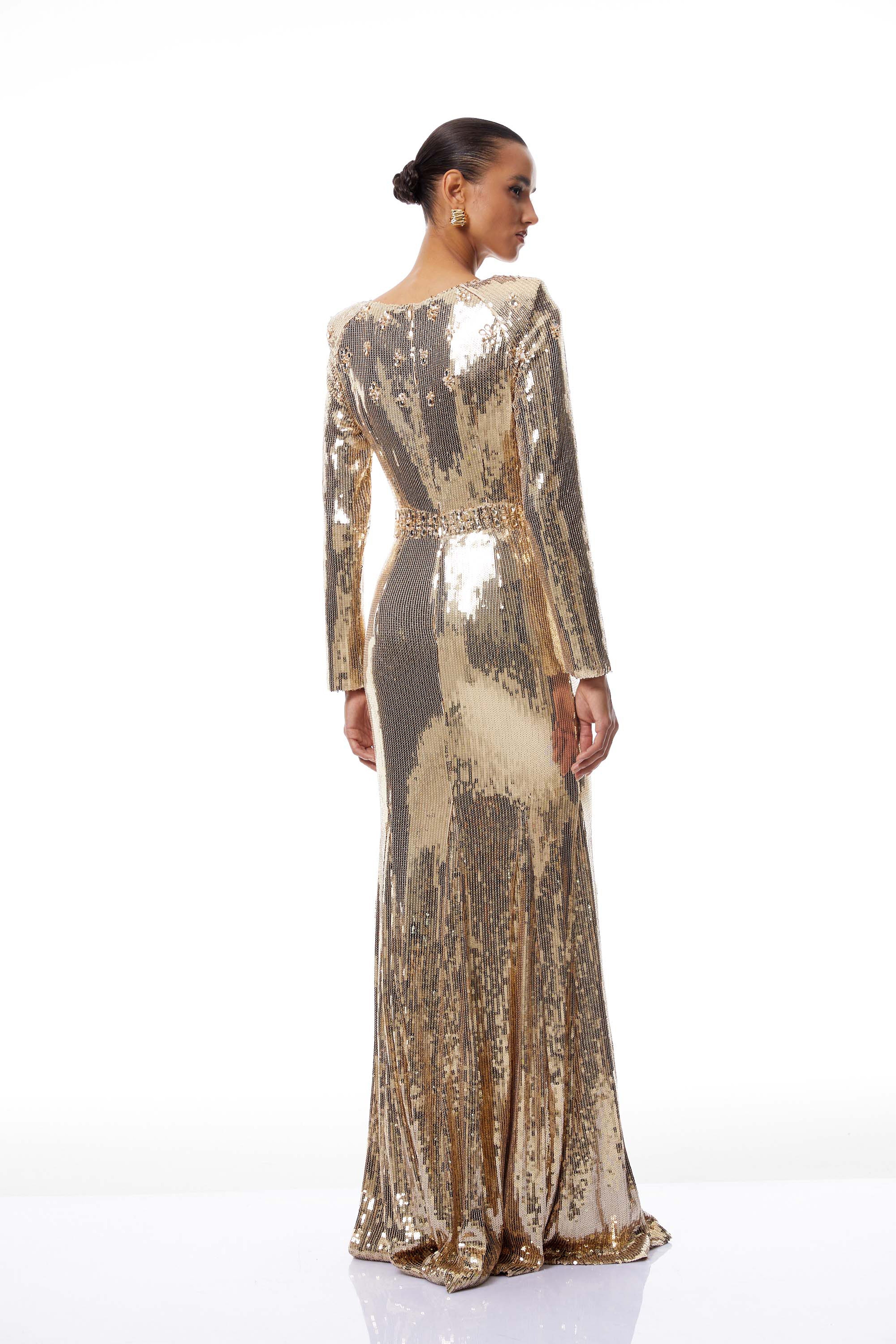 Federica Gold Train Sequined Maxi Dress