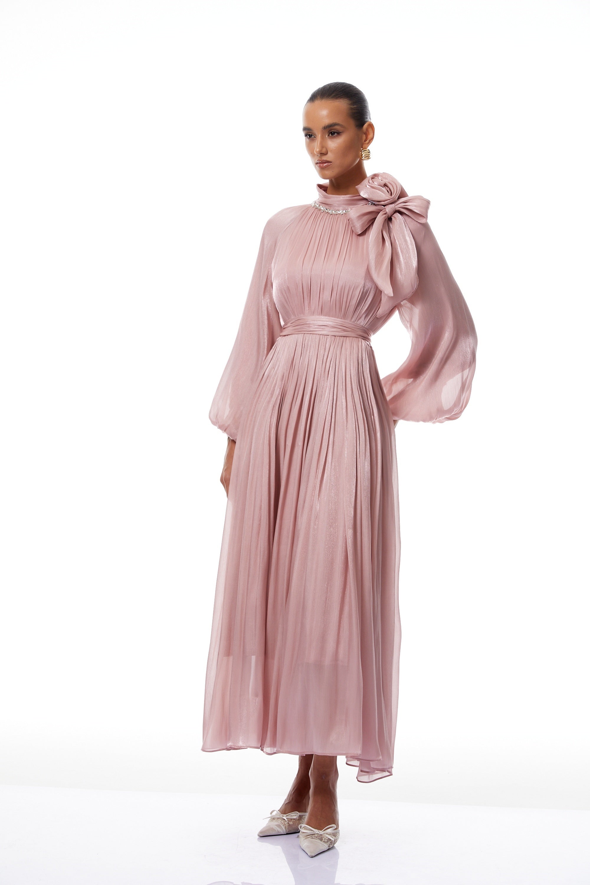 Birna Pink Floral Pleated Glossy Maxi Dress