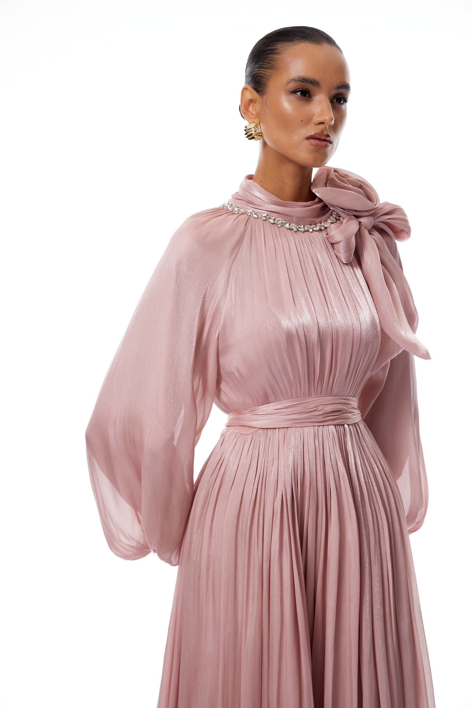 Birna Pink Floral Pleated Glossy Maxi Dress