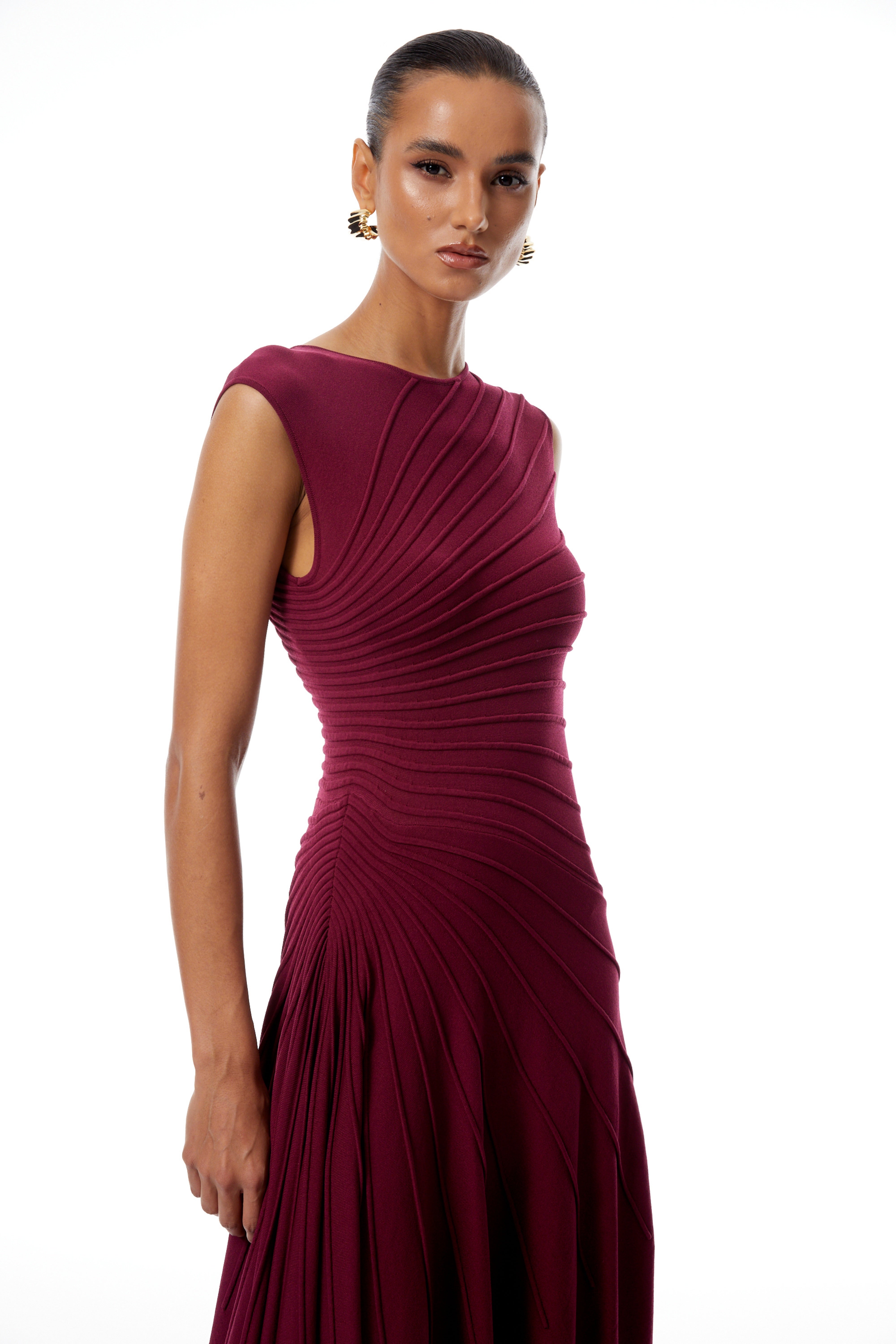 Orietta Burgundy Asymmetrical Draped Knit Midi Dress (Final Sale-US Only)