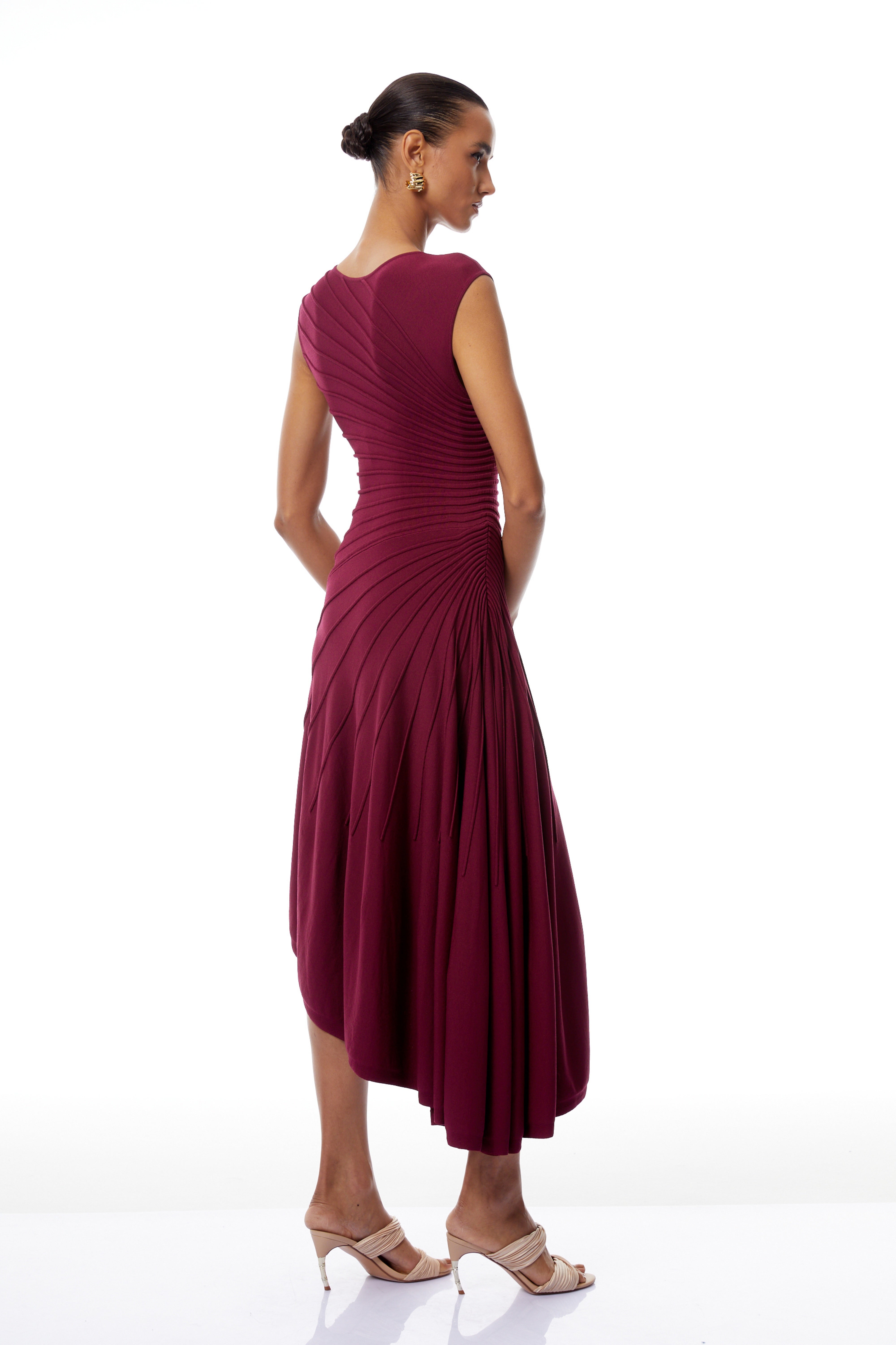 Orietta Burgundy Asymmetrical Draped Knit Midi Dress