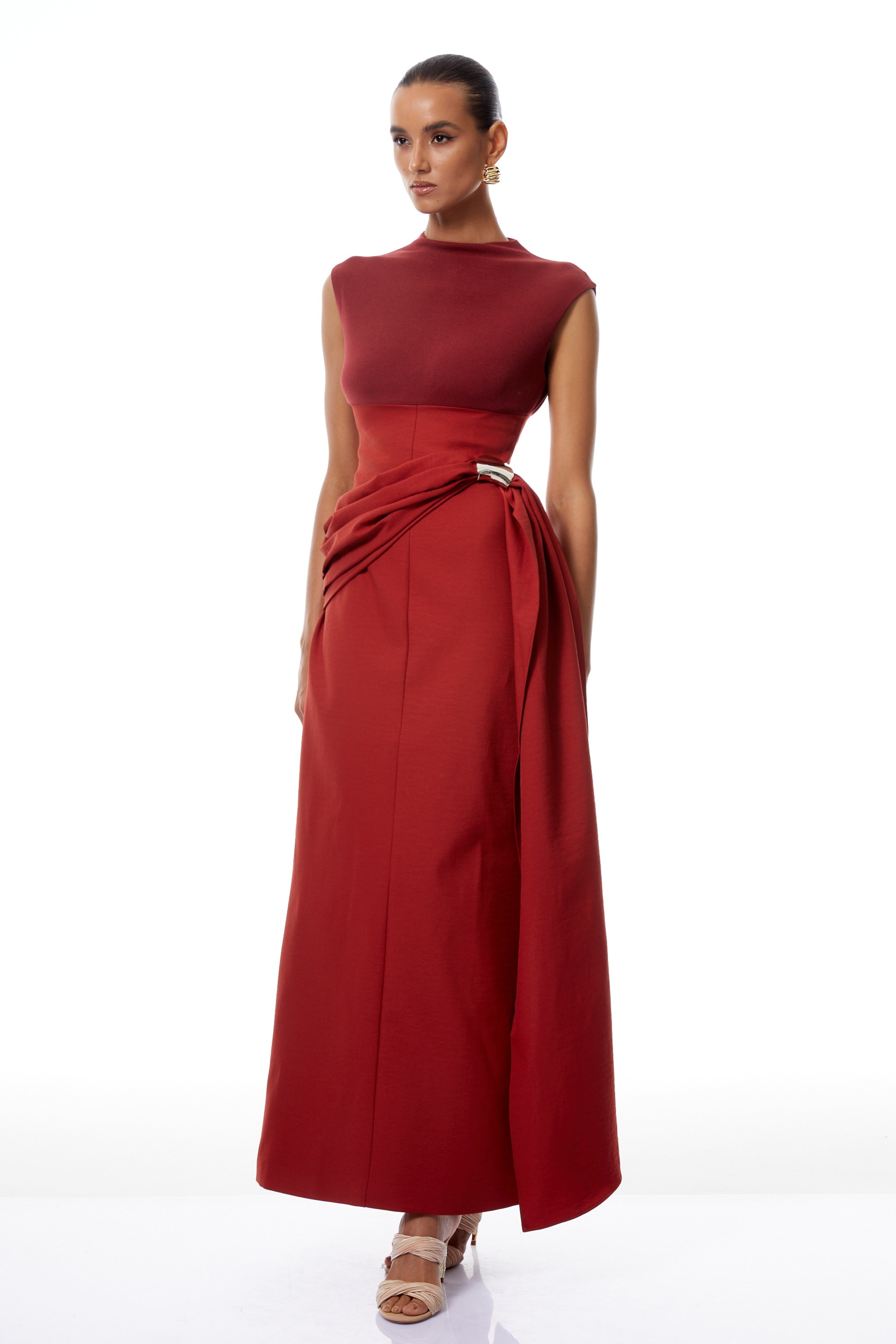 Arna Red Knit Panel Gathered Maxi Dress
