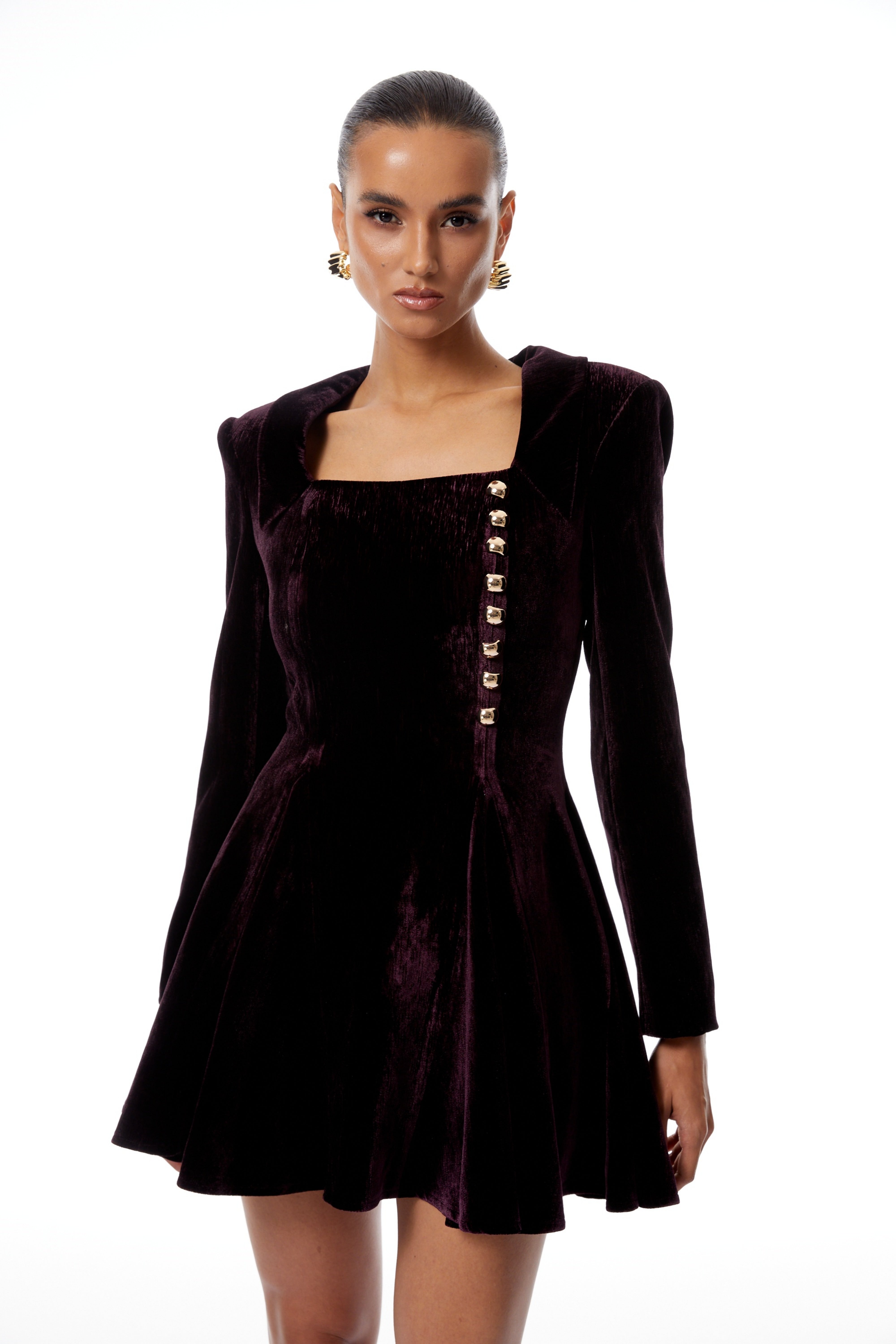 Benedetta Aubergine Square Neck Velvet Mini Dress