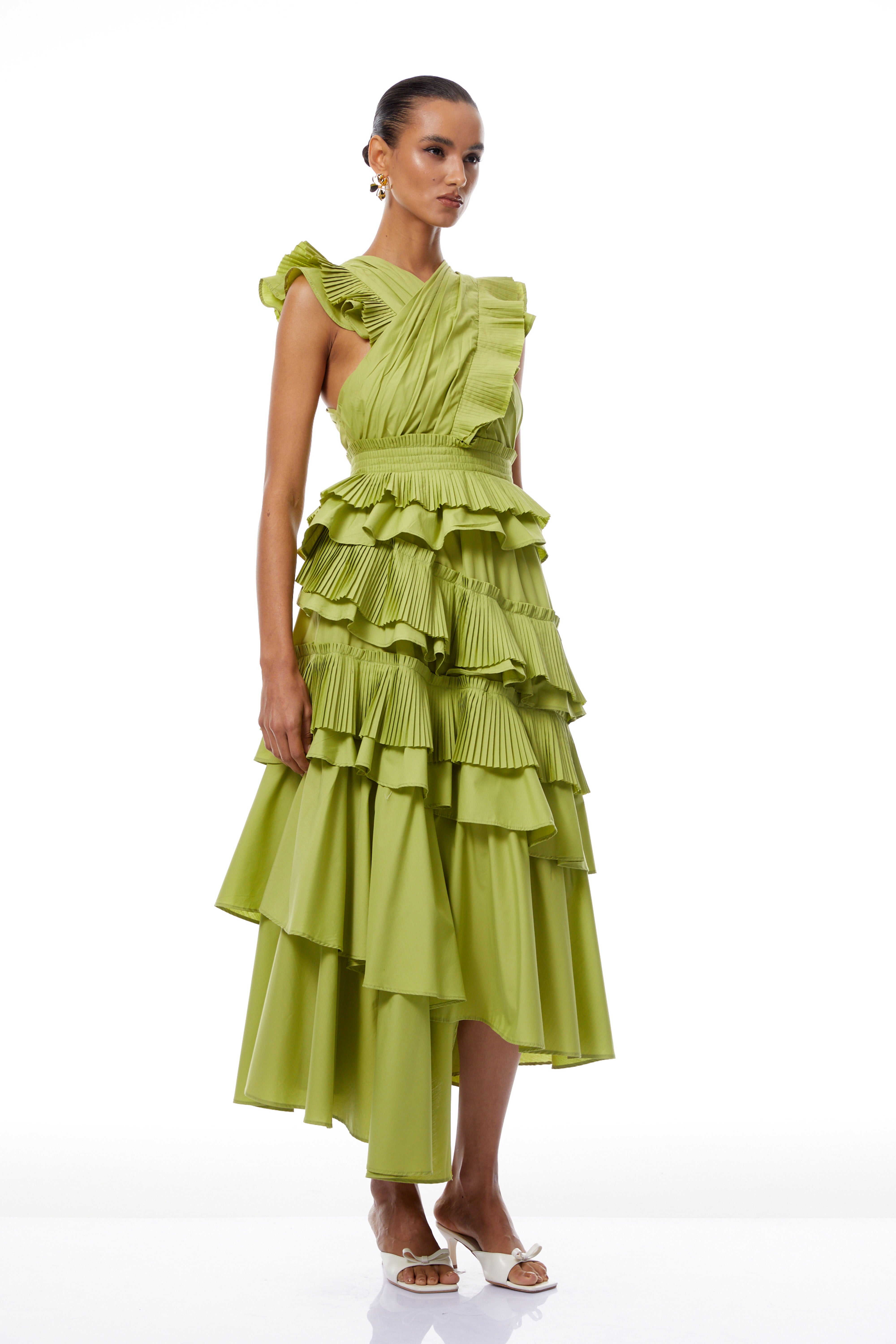 Raffaella Green Asymmetrical Ruffled Tiered Midi Dress (Final Sale)