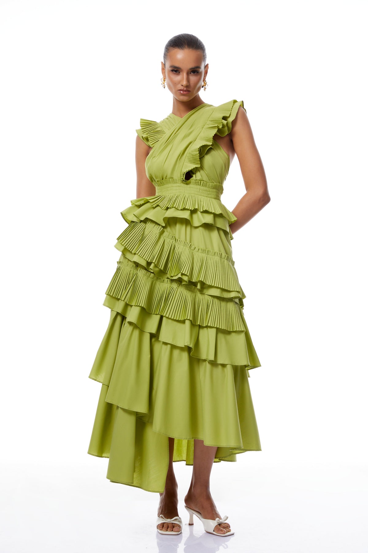 Raffaella Green Asymmetrical Ruffled Tiered Midi Dress