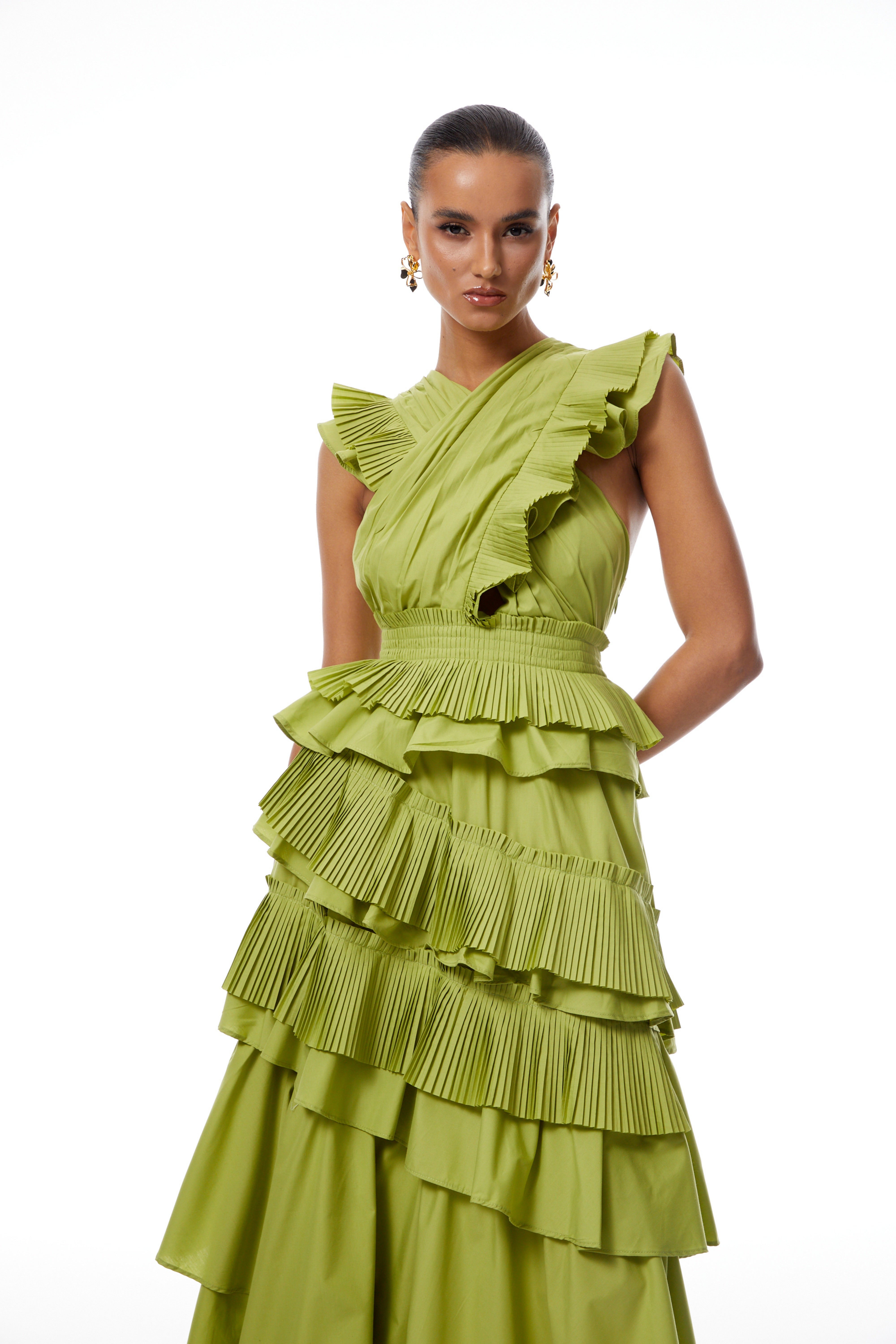 Raffaella Green Asymmetrical Ruffled Tiered Midi Dress