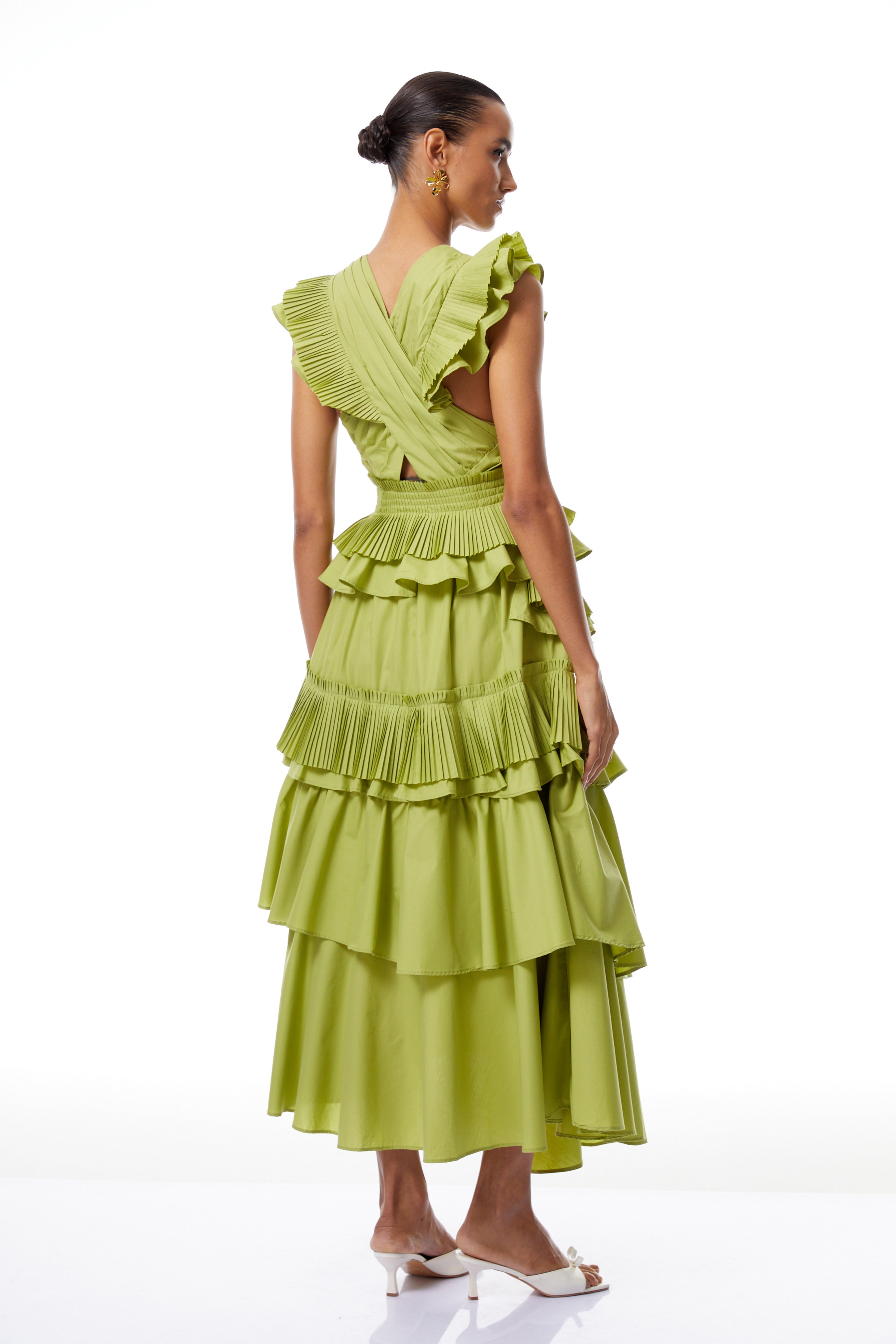 Raffaella Green Asymmetrical Ruffled Tiered Midi Dress