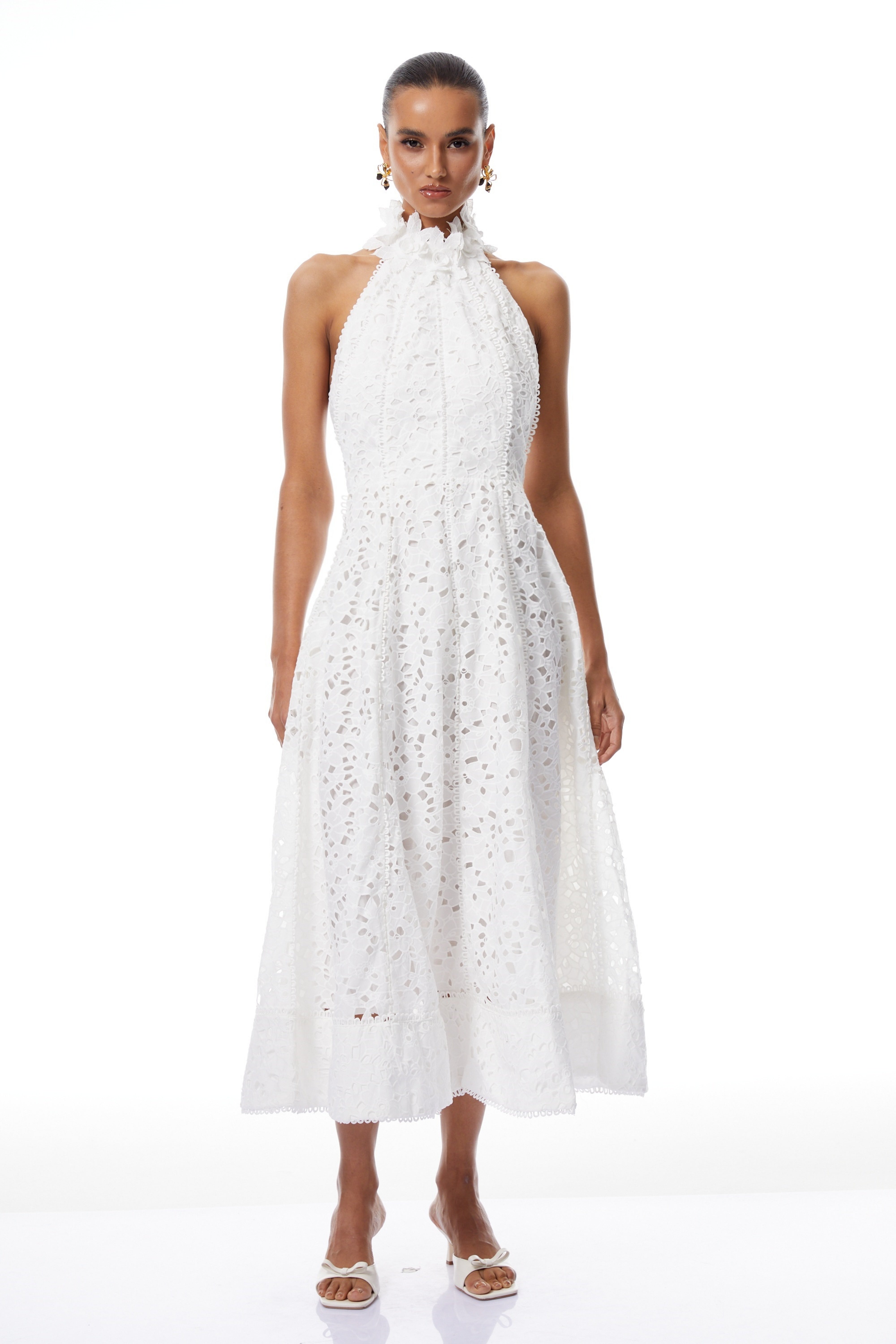 Solene White Halterneck Corded Lace Midi Dress