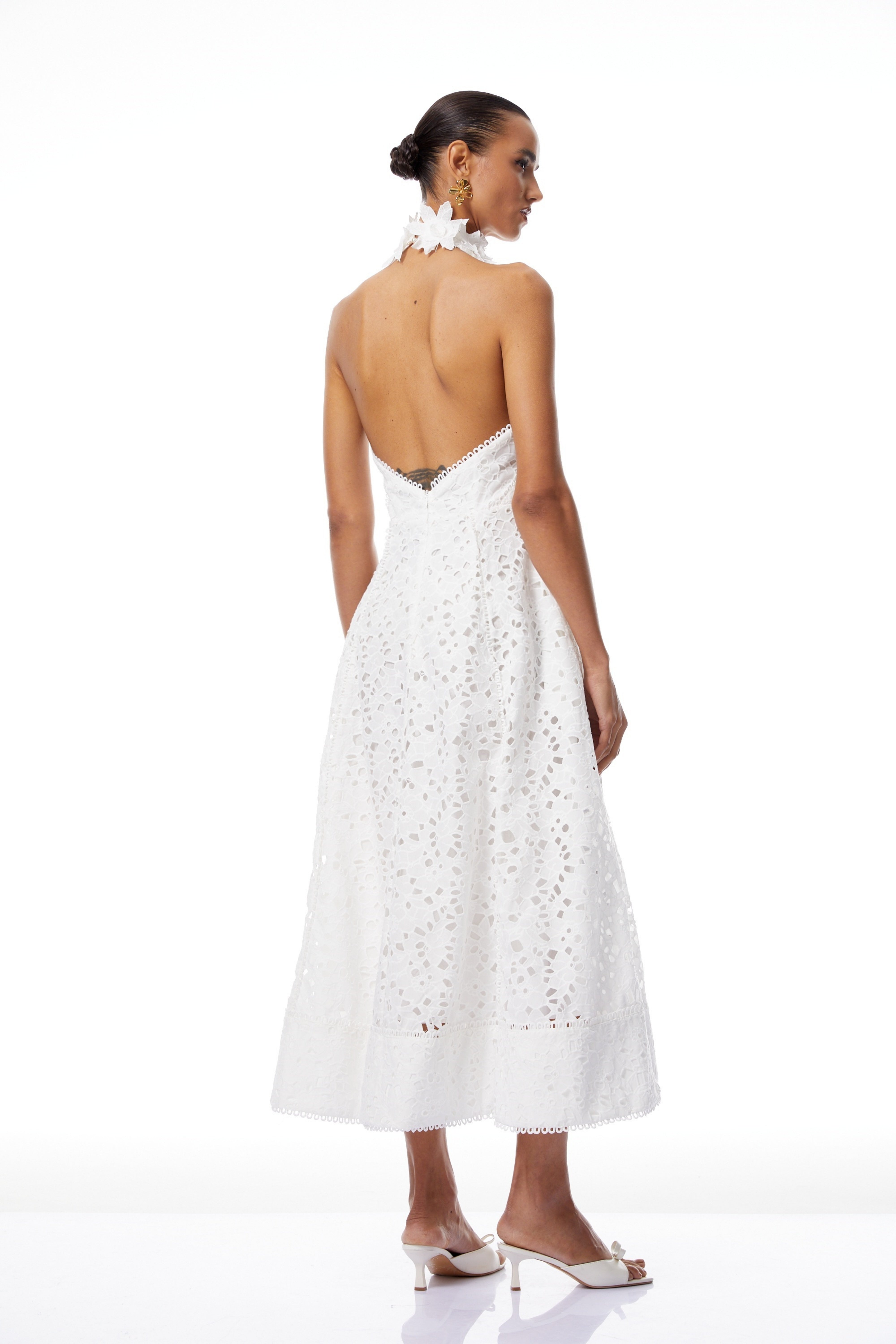 Solene White Halterneck Corded Lace Midi Dress