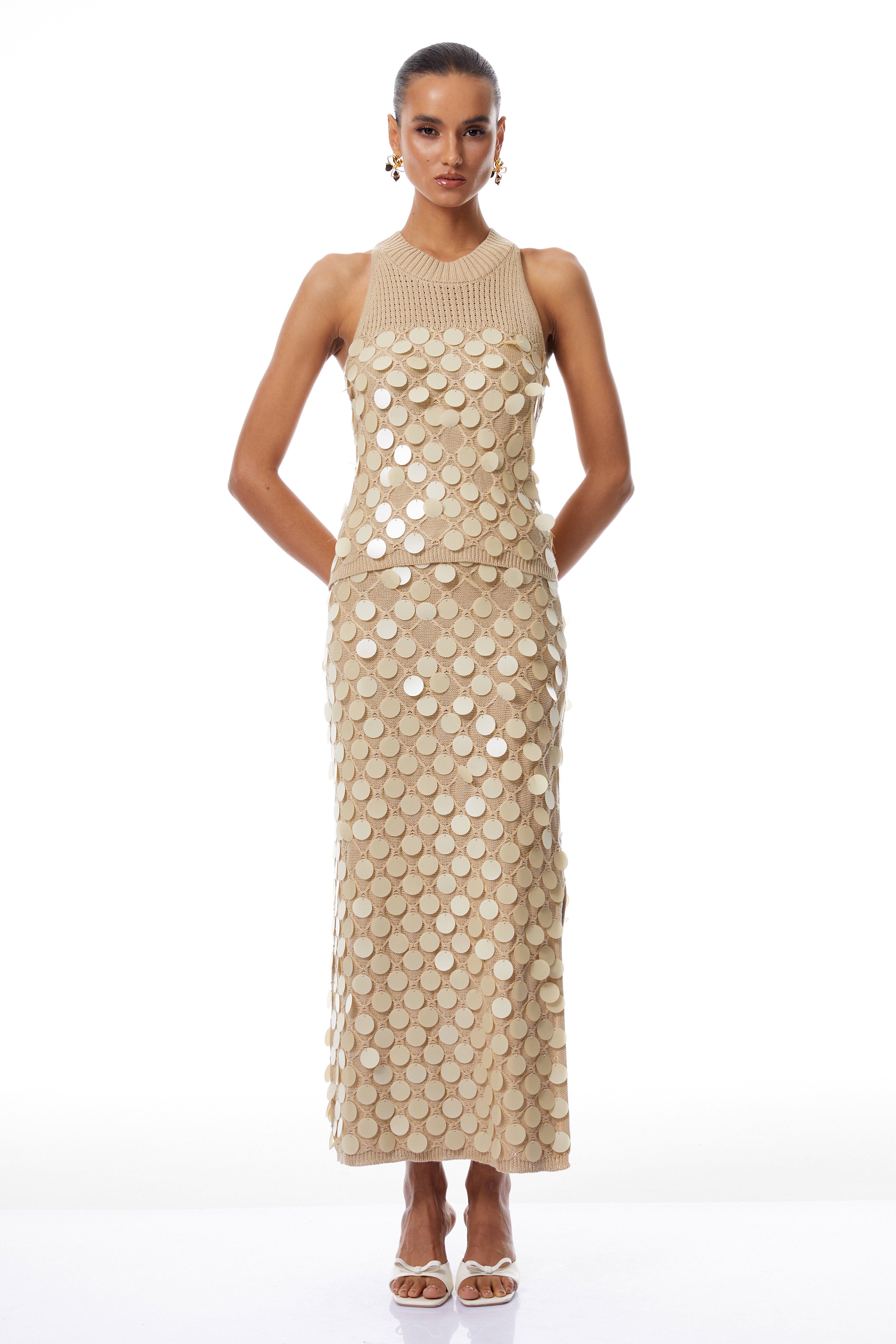 Vincenza Neutral Sequin Chain Disc Knit Matching Set