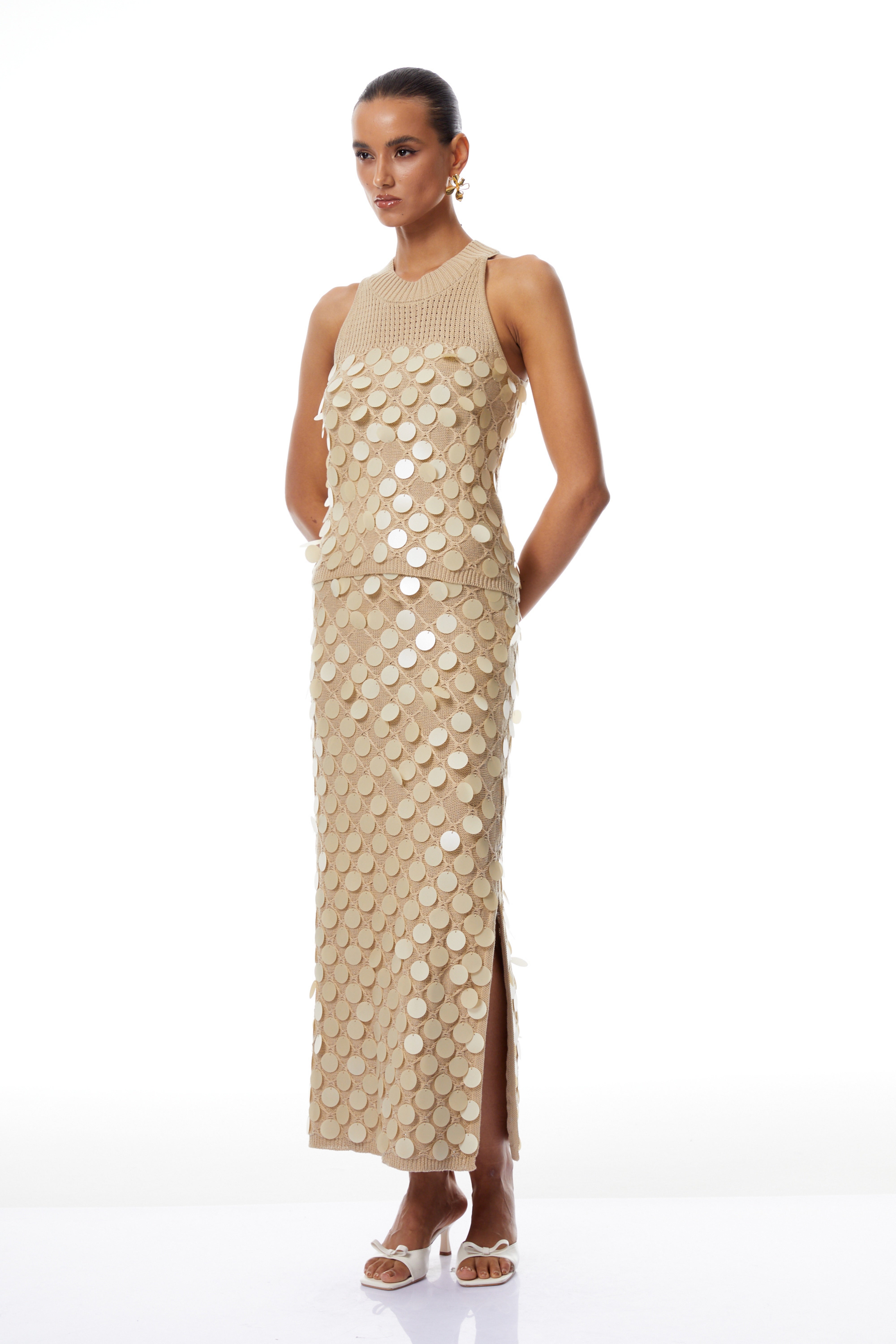 Vincenza Neutral Sequin Chain Disc Knit Matching Set