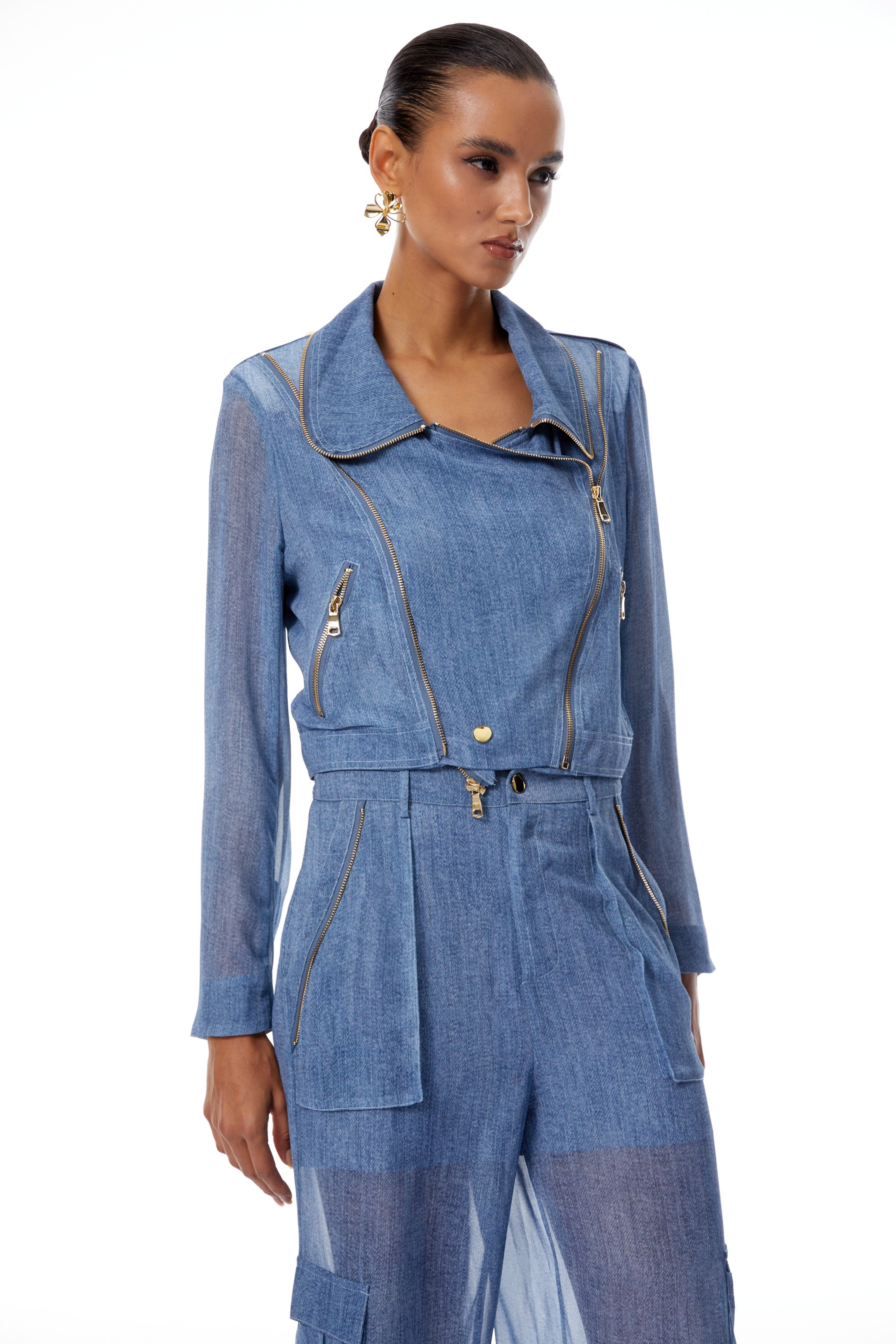 Doriane Blue Zip Detail Denim Jacket & Jeans Set