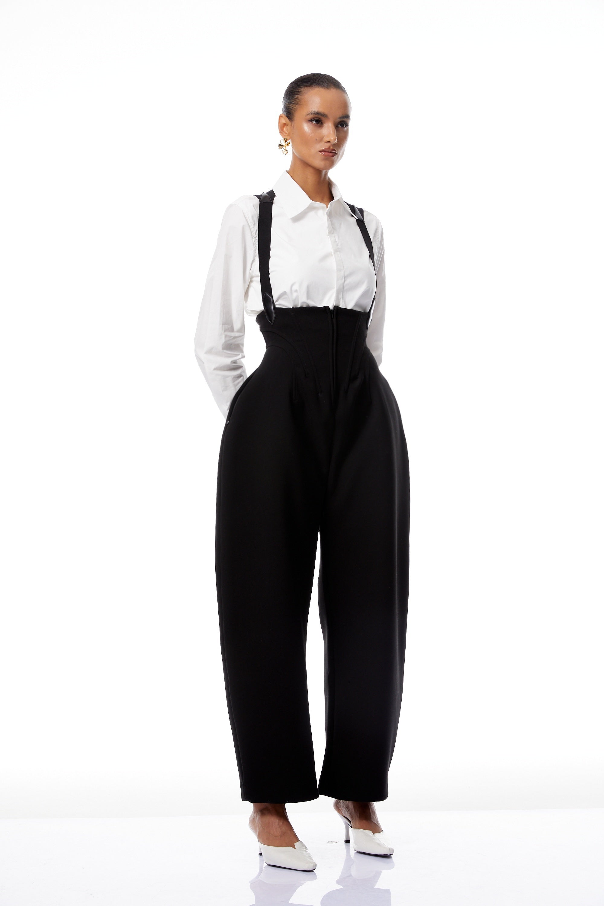 Ivona Black Boned Bodice Wide Leg Overalls