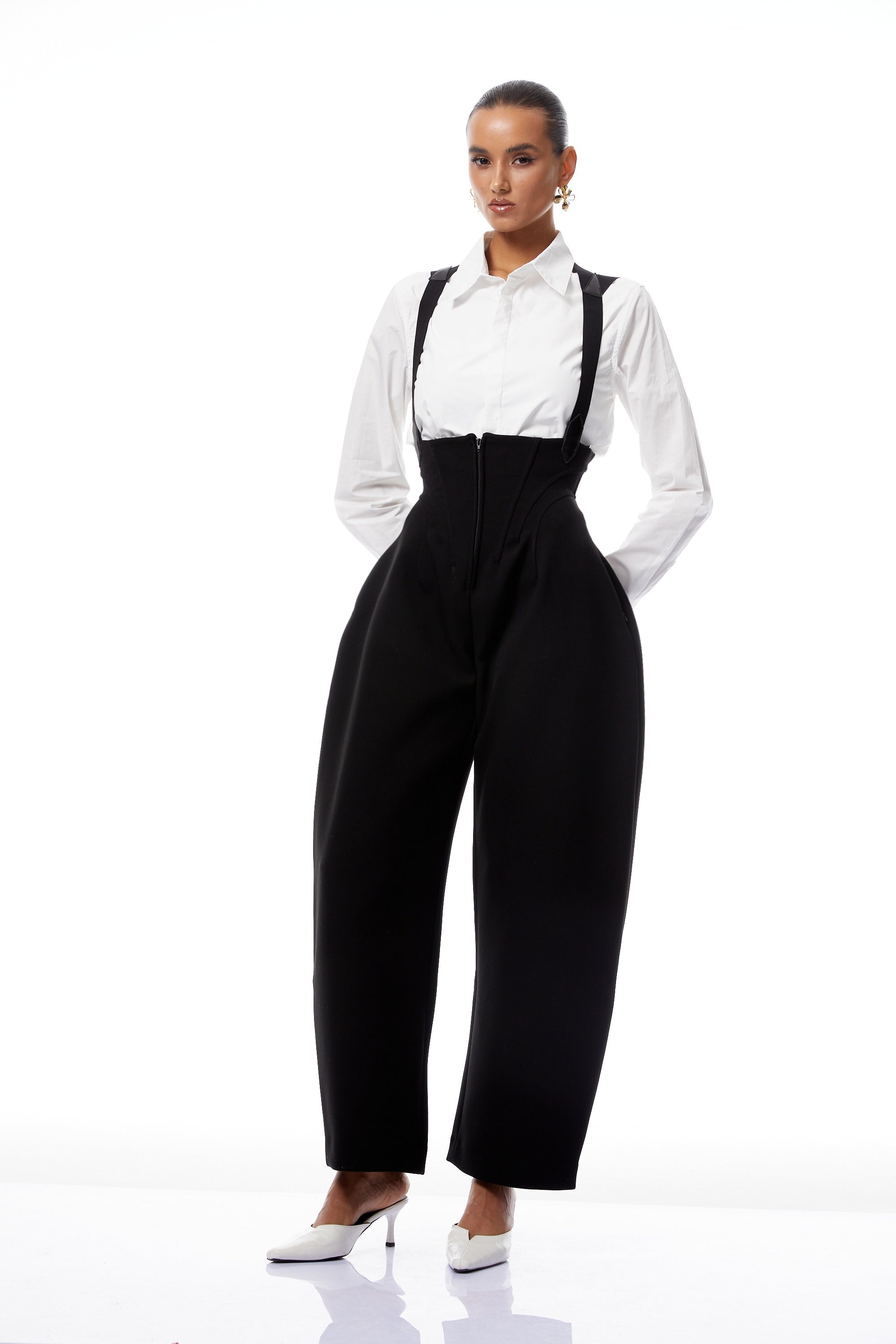 Ivona Black Boned Bodice Wide Leg Overalls