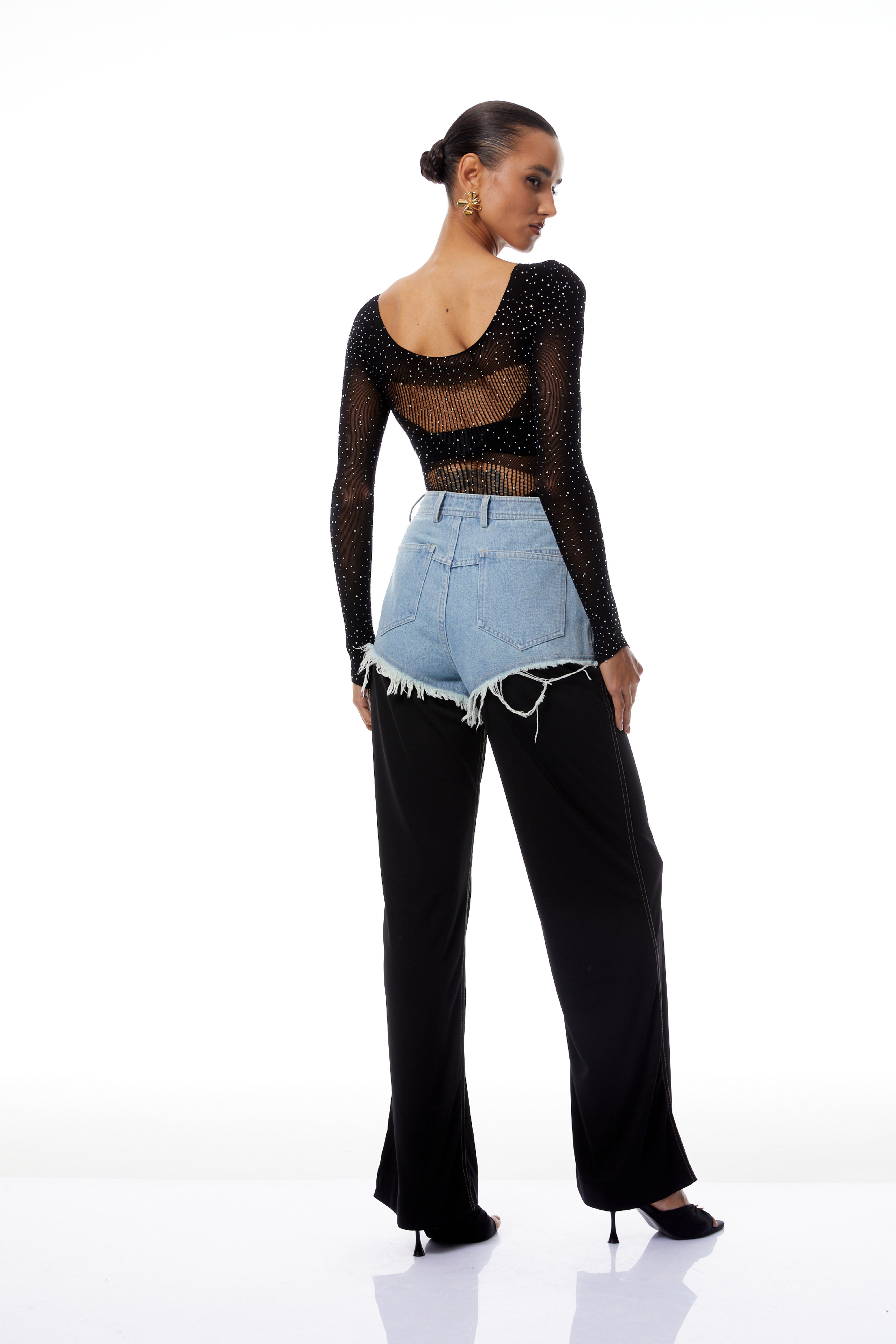 Jovie Black Rhinestone Pointelle Knit Bodysuit