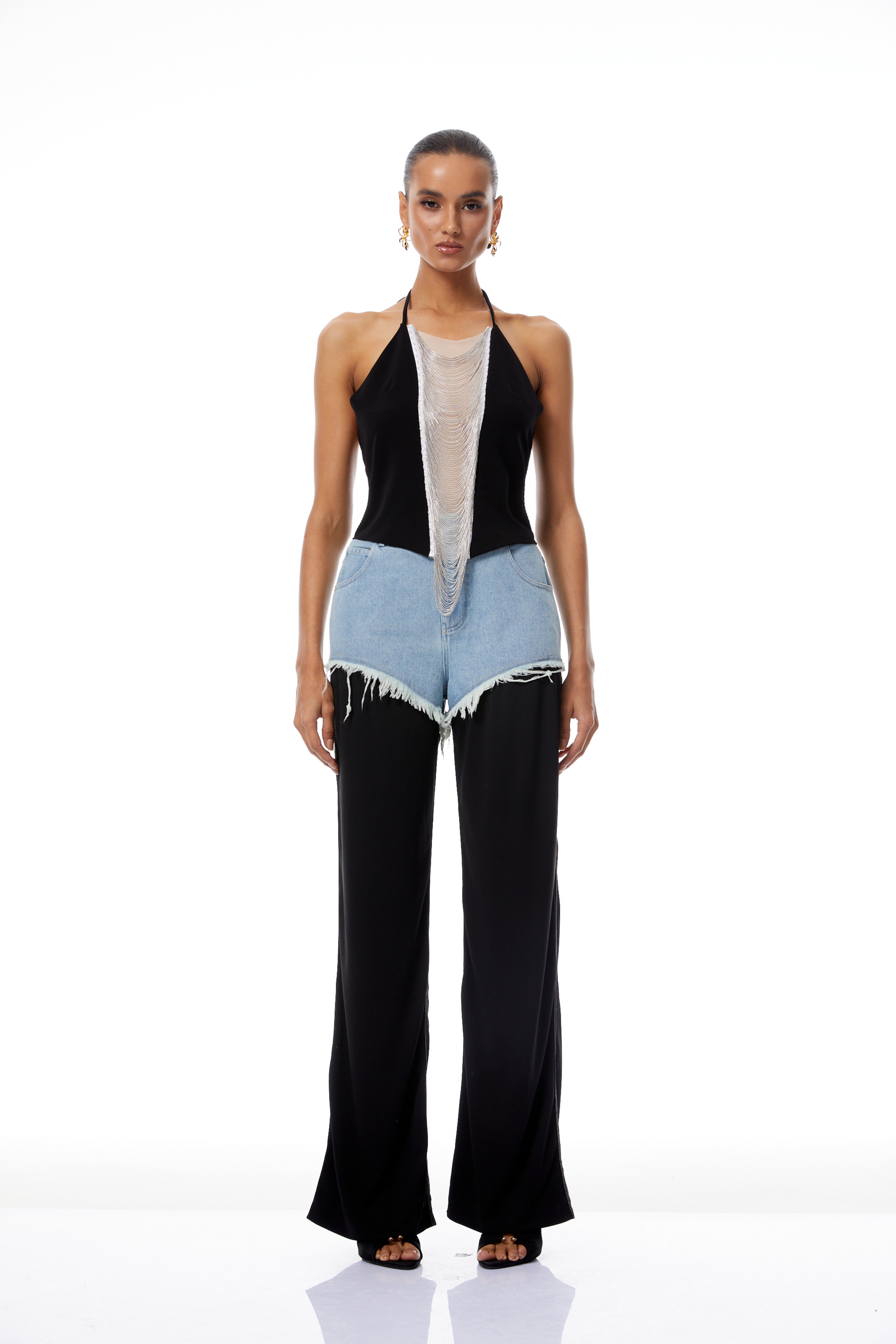 Freja Black Frayed Denim Panel Trousers