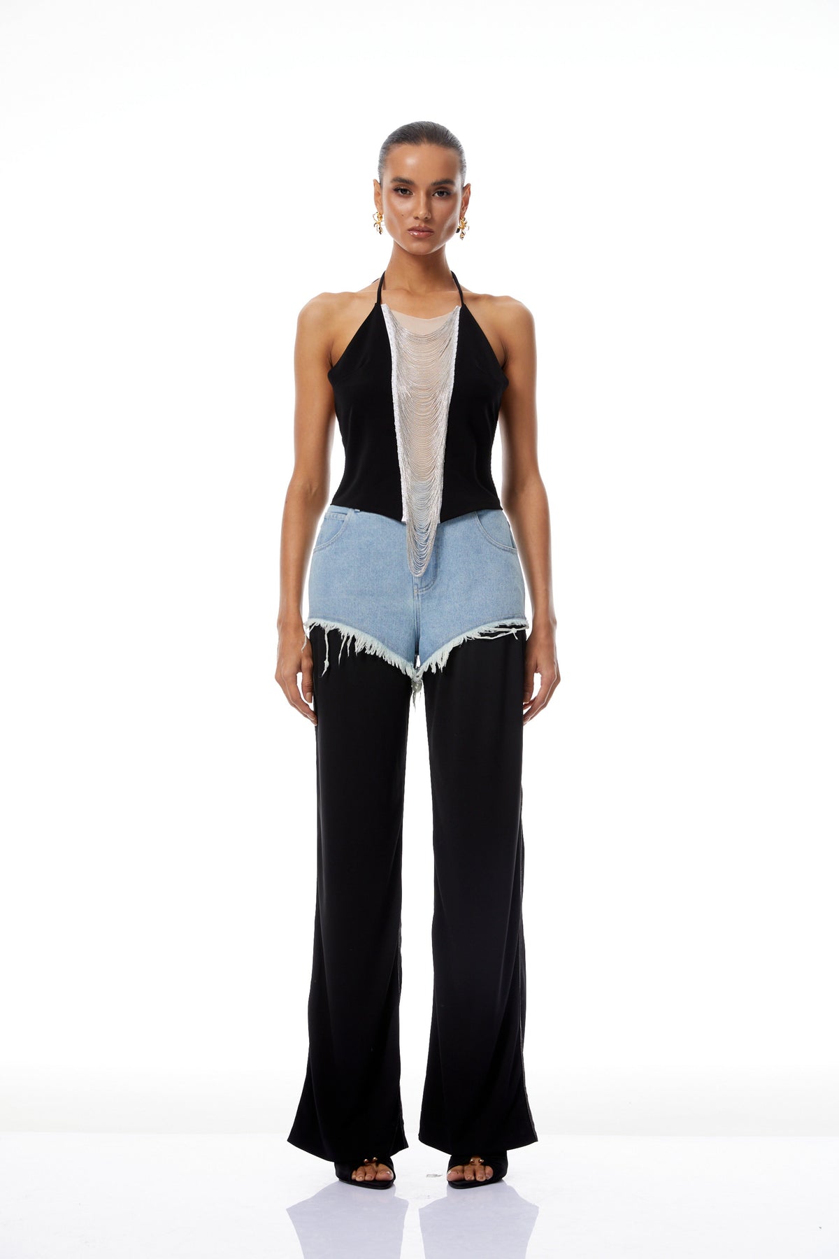 Freja Black Frayed Denim Panel Trousers