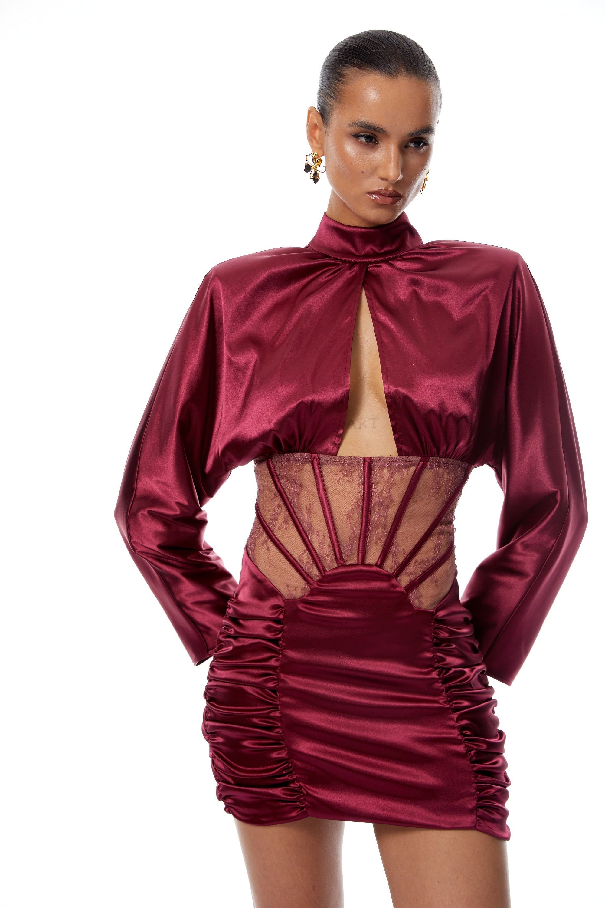 Imelda Red Lace Tulle Panel Satin Mini Dress