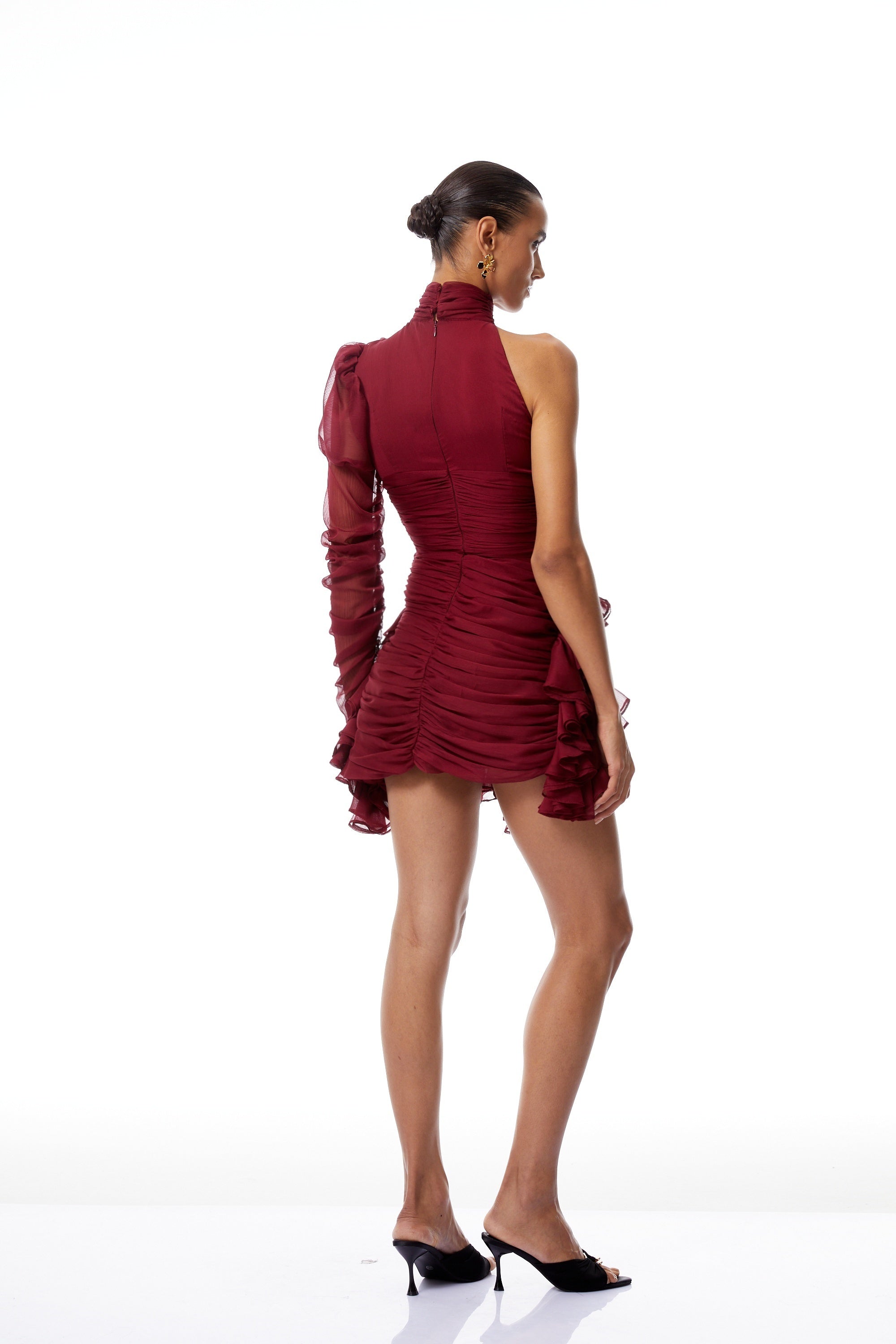 Éléna Burgundy Asymmetrical Ruffled Tulle Mini Dress (Final Sale-US Only)