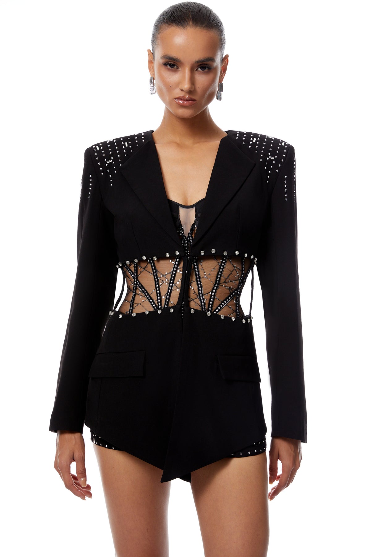 Xyla Black Cut Out Embellished Blazer & Playsuit Set