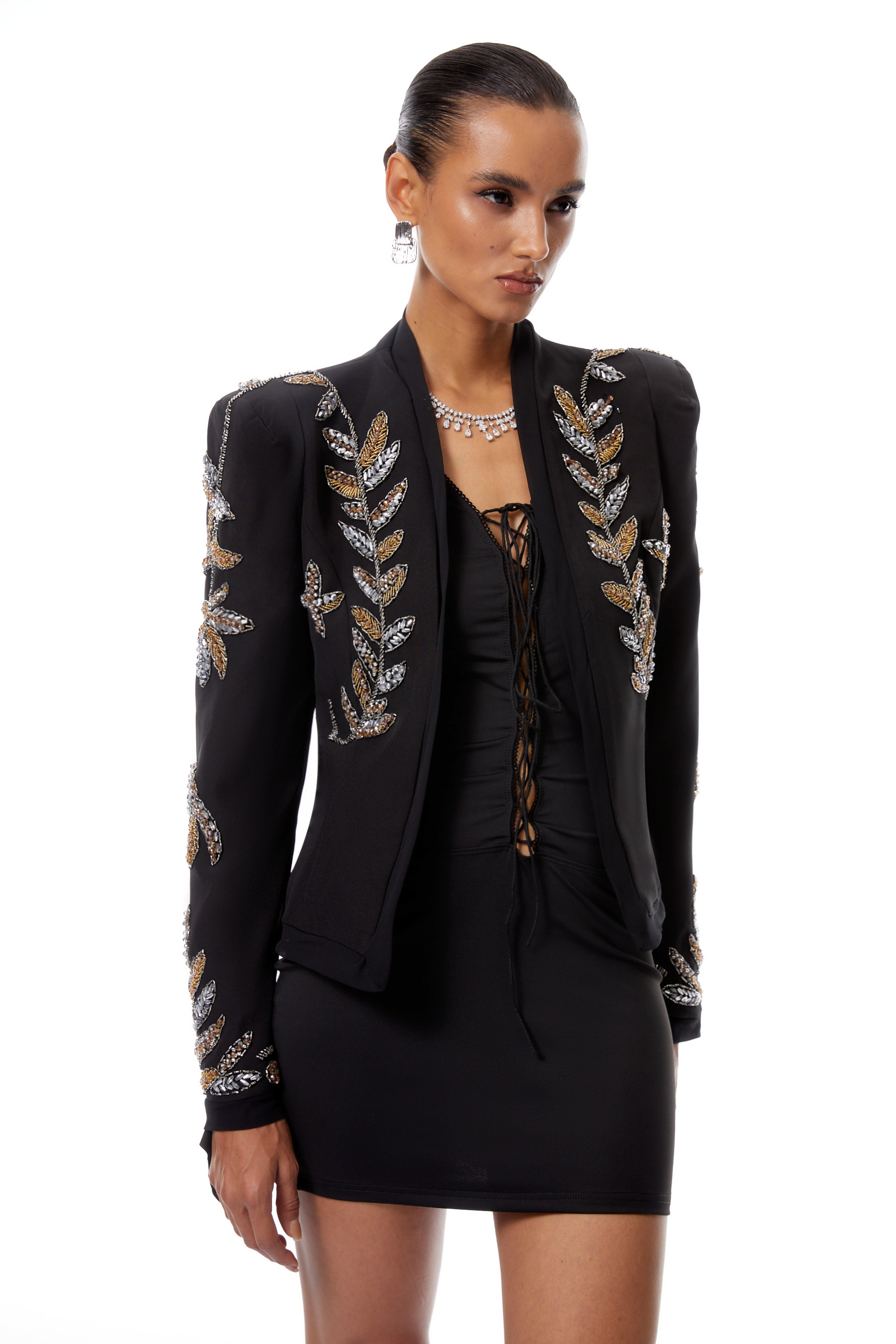 Michela Black Embellished Leaf Motif Jacket
