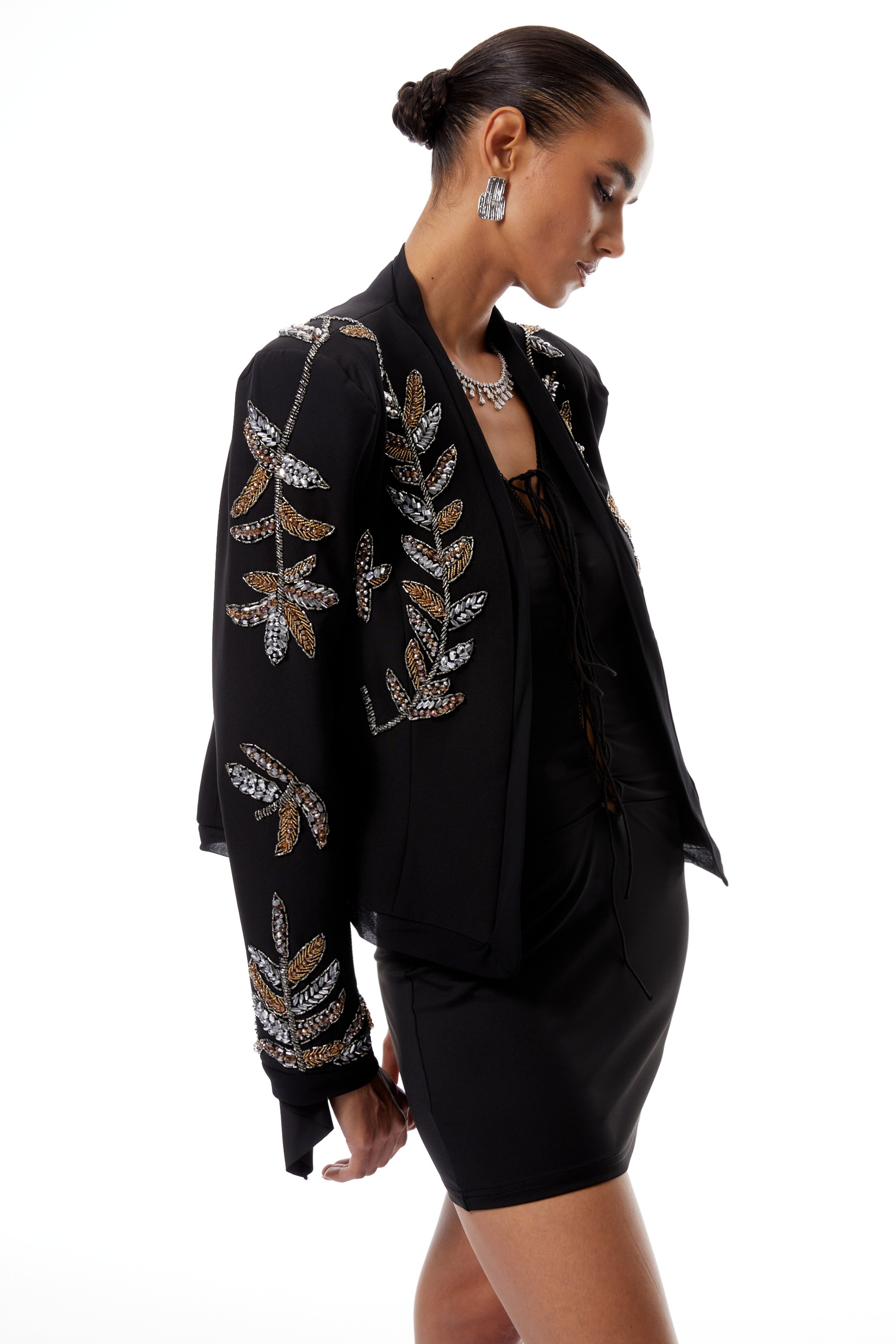 Michela Black Embellished Leaf Motif Jacket