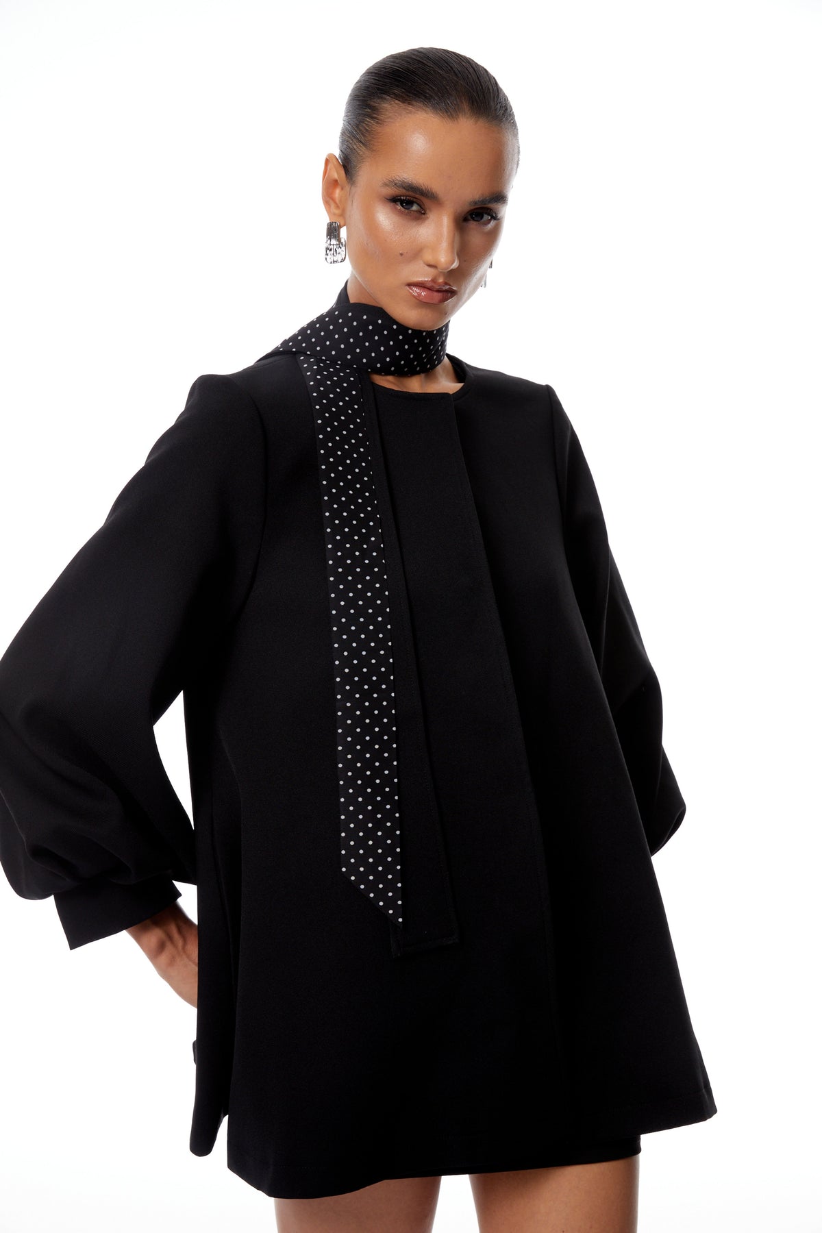 Simone Black Balloon Sleeve Short Coat (Without Polka-Dot Scarf)