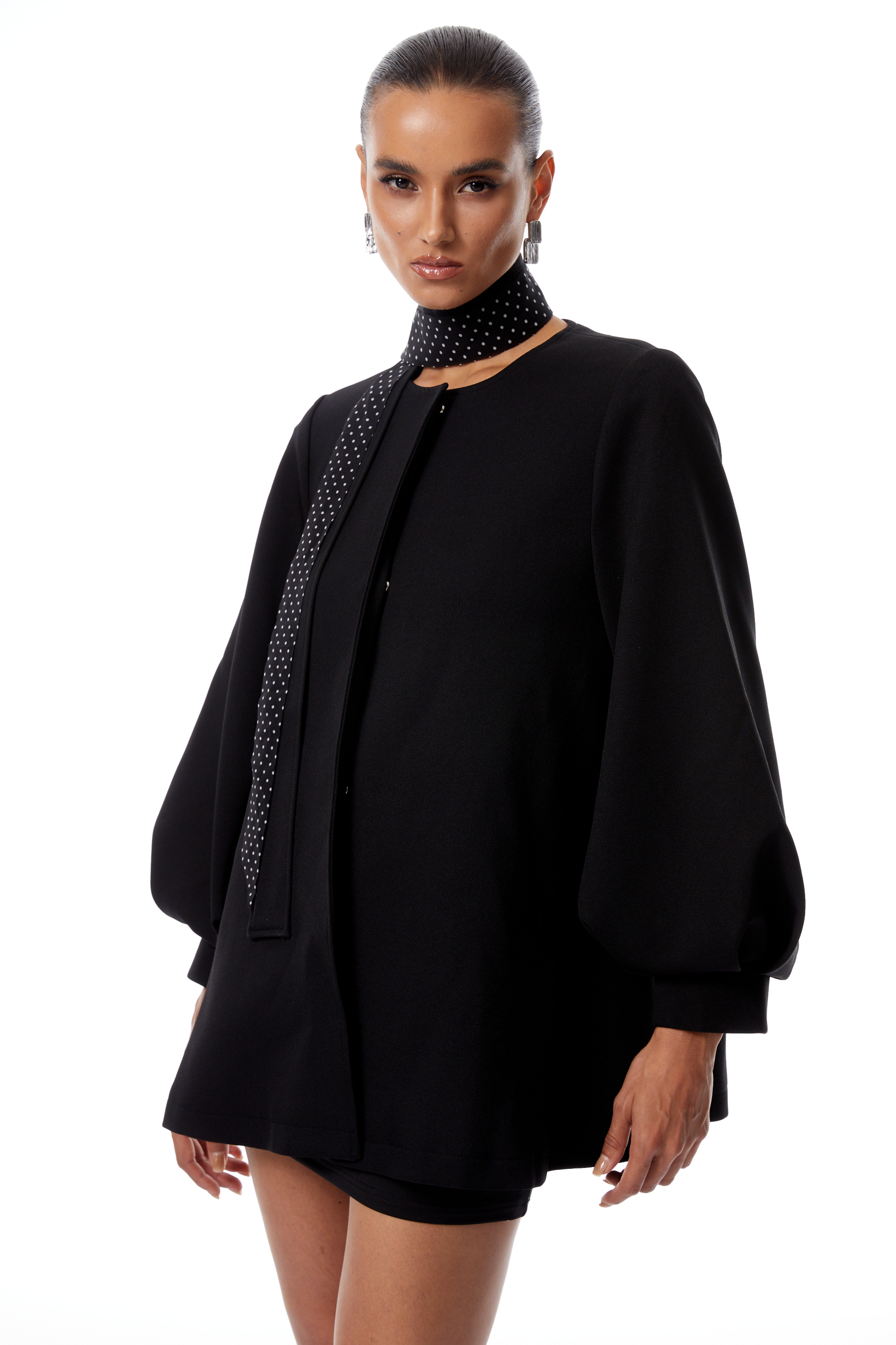 Simone Black Balloon Sleeve Short Coat (Without Polka-Dot Scarf)
