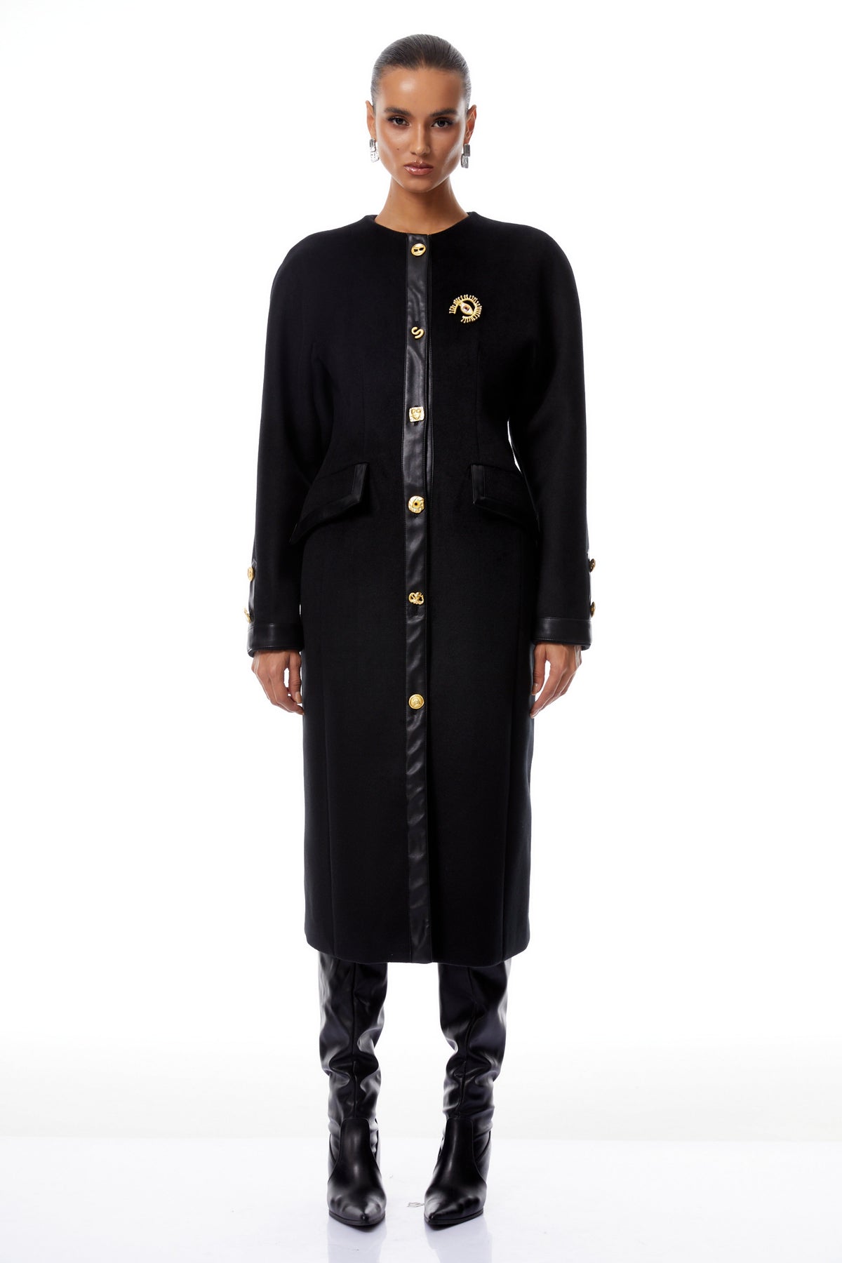 Stefania Black Decorative Button Tweed Overcoat (Final Sale)