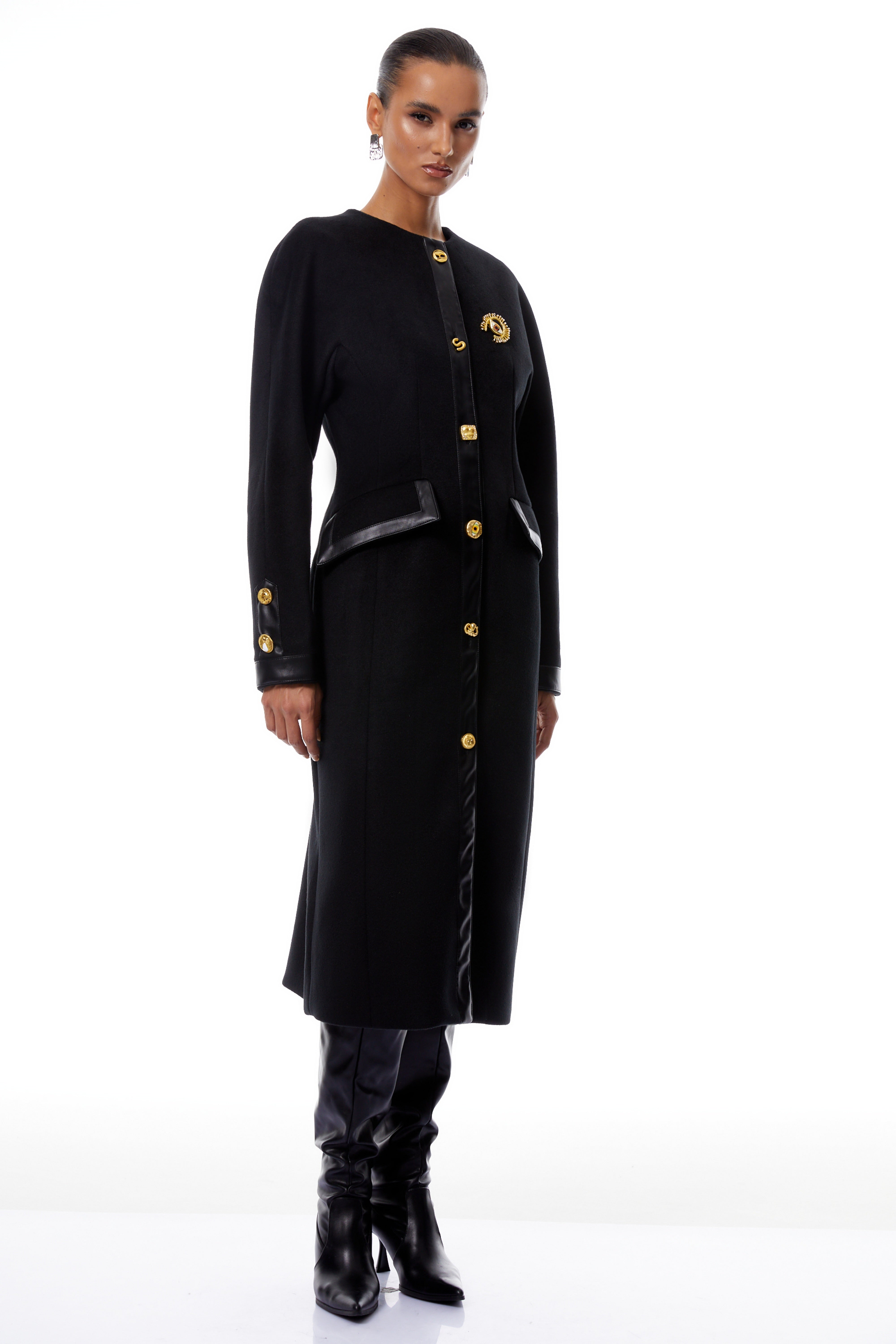 Stefania Black Decorative Button Tweed Overcoat