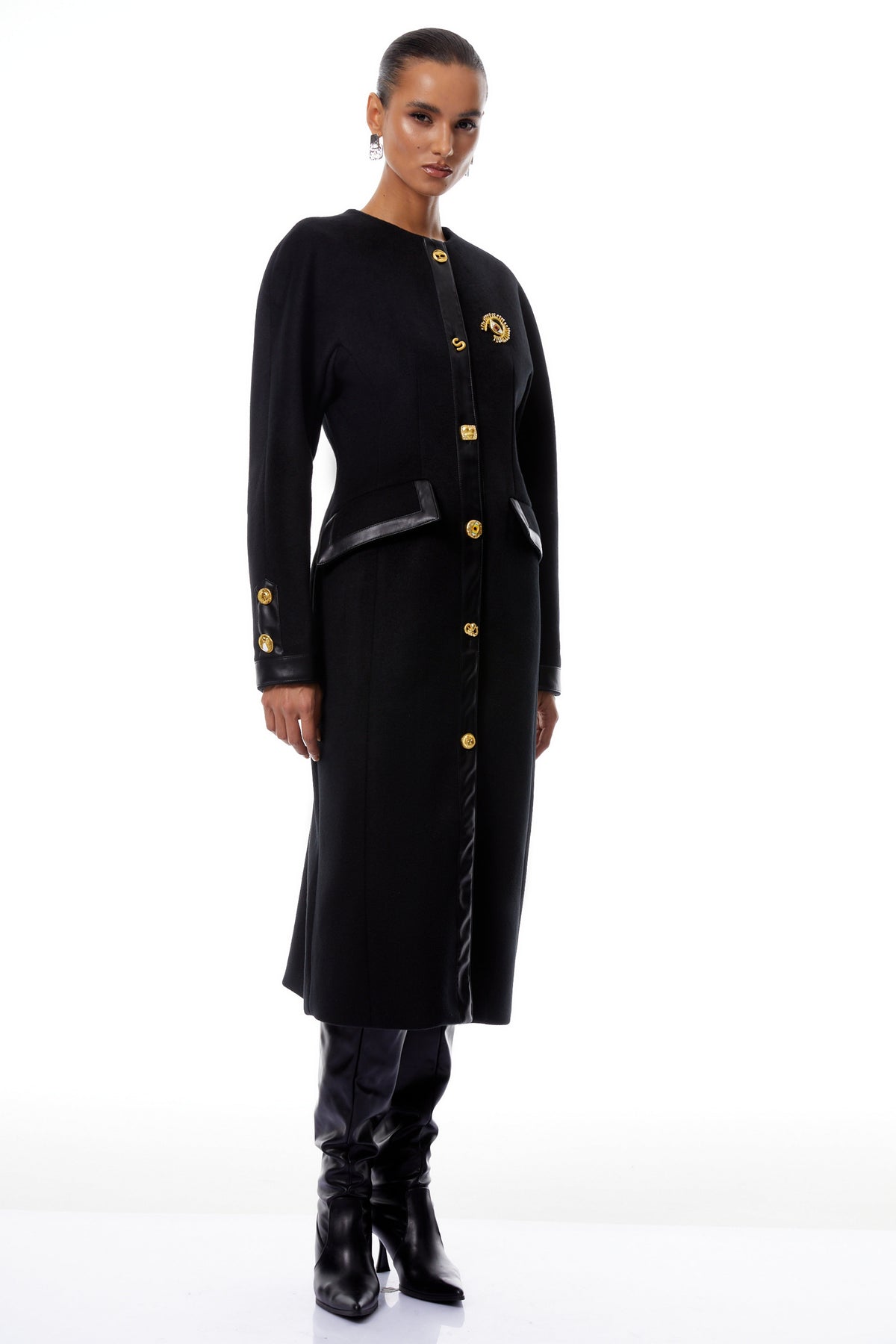 Stefania Black Decorative Button Tweed Overcoat (Final Sale)