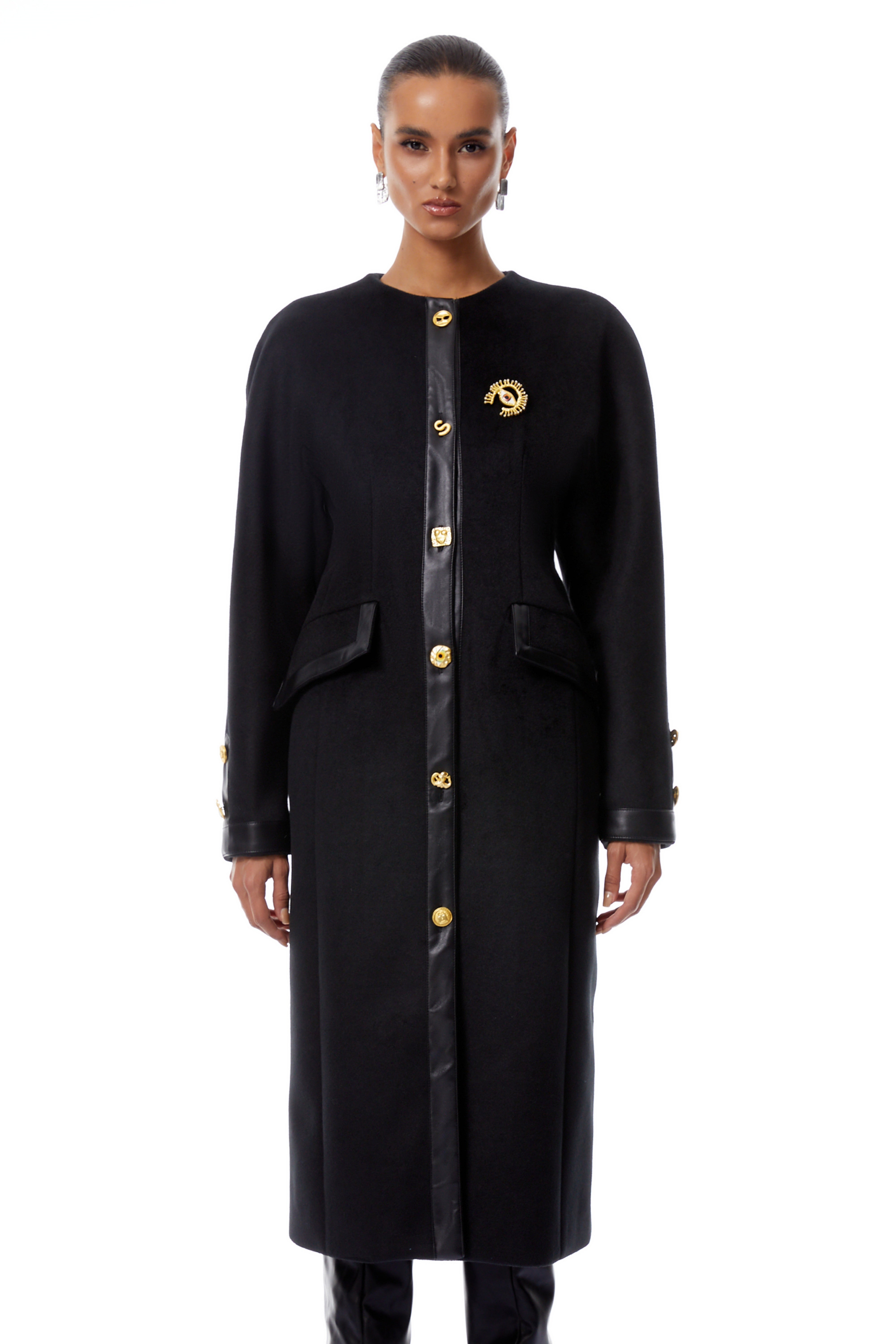 Stefania Black Decorative Button Tweed Overcoat
